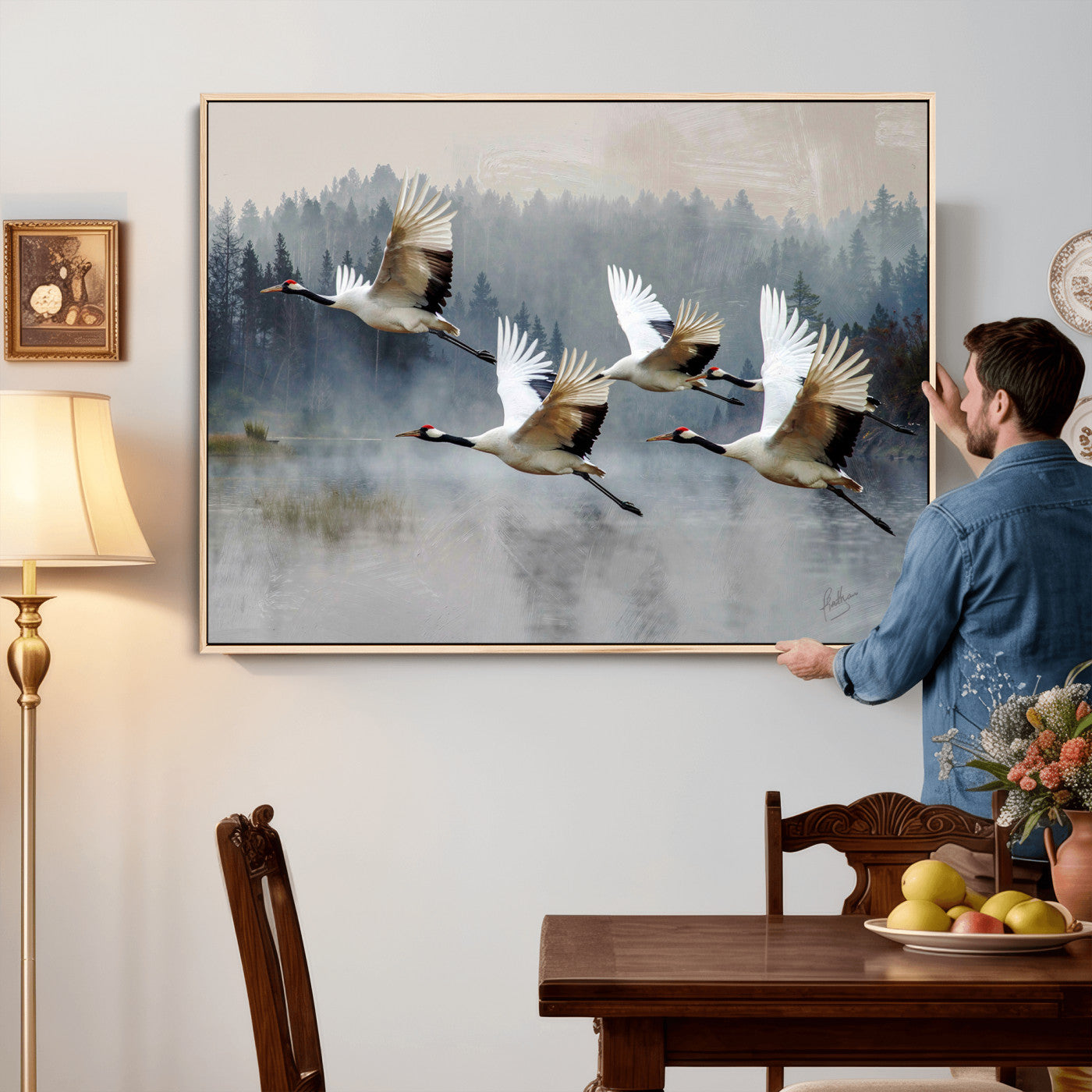 24356826-MGV-CV-36X24 - Flying Crane Canvas Wall Art Print, White Crane Bird Artwork, Wildlife Nature Decor, Lake Landscape Canvas, Ready to Hang