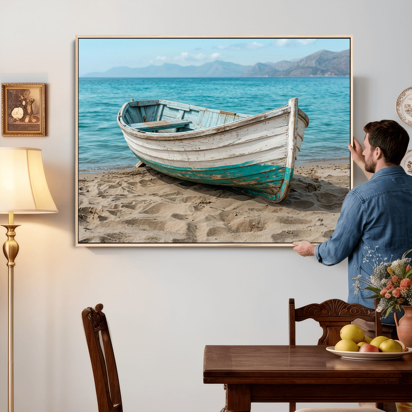 49963709-MGV-CV-36X24 - Coastal Boat Canvas Wall Art Print, Beach Boat Painting, Nautical Ocean Decor, Seascape Wall Art, Ready to Hang