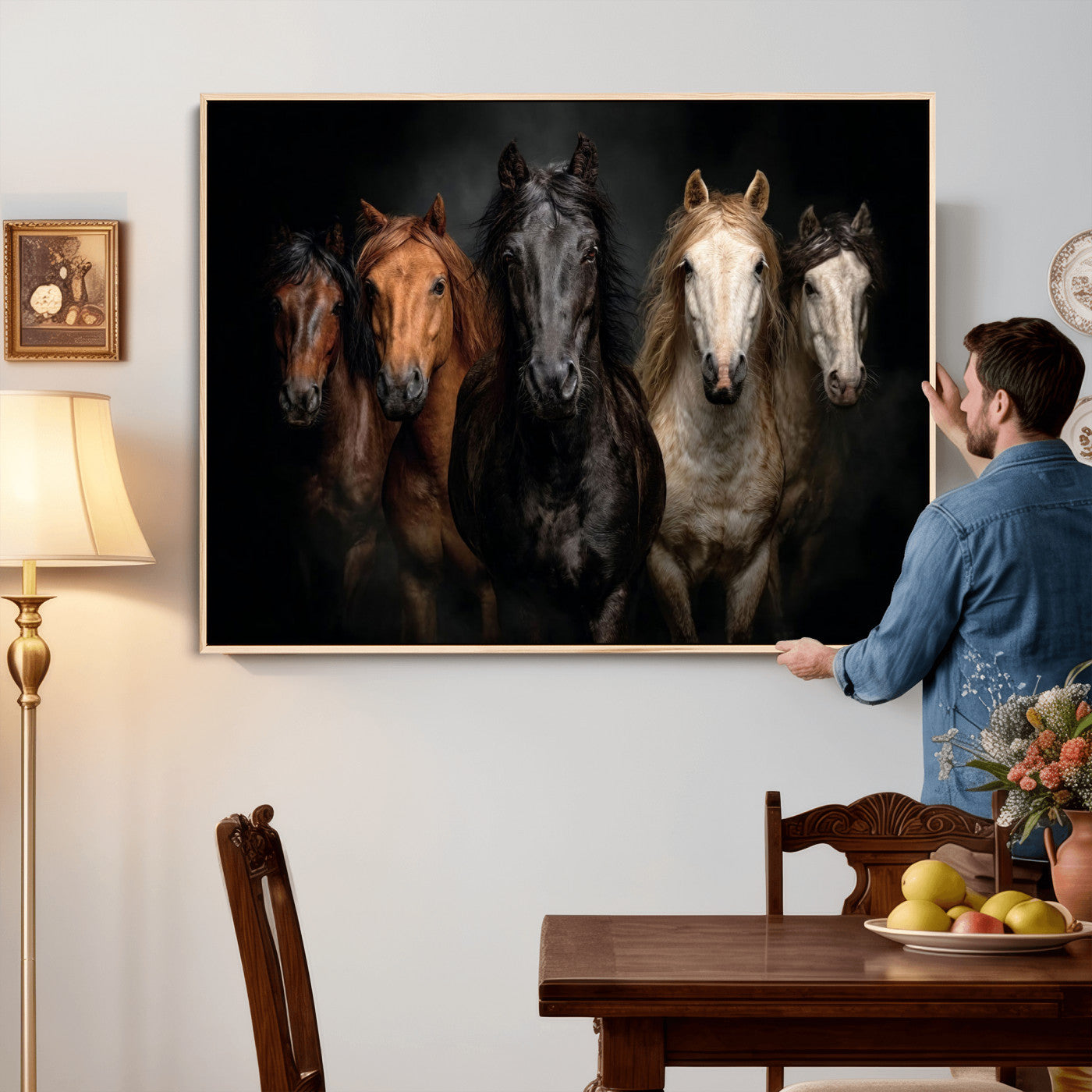 77696206-MGV-CV-36X24 - Horse Wall Art Canvas Print | Wild Horses Portrait Photography, Animal Horse Decor, Black Brown White Horse Herd
