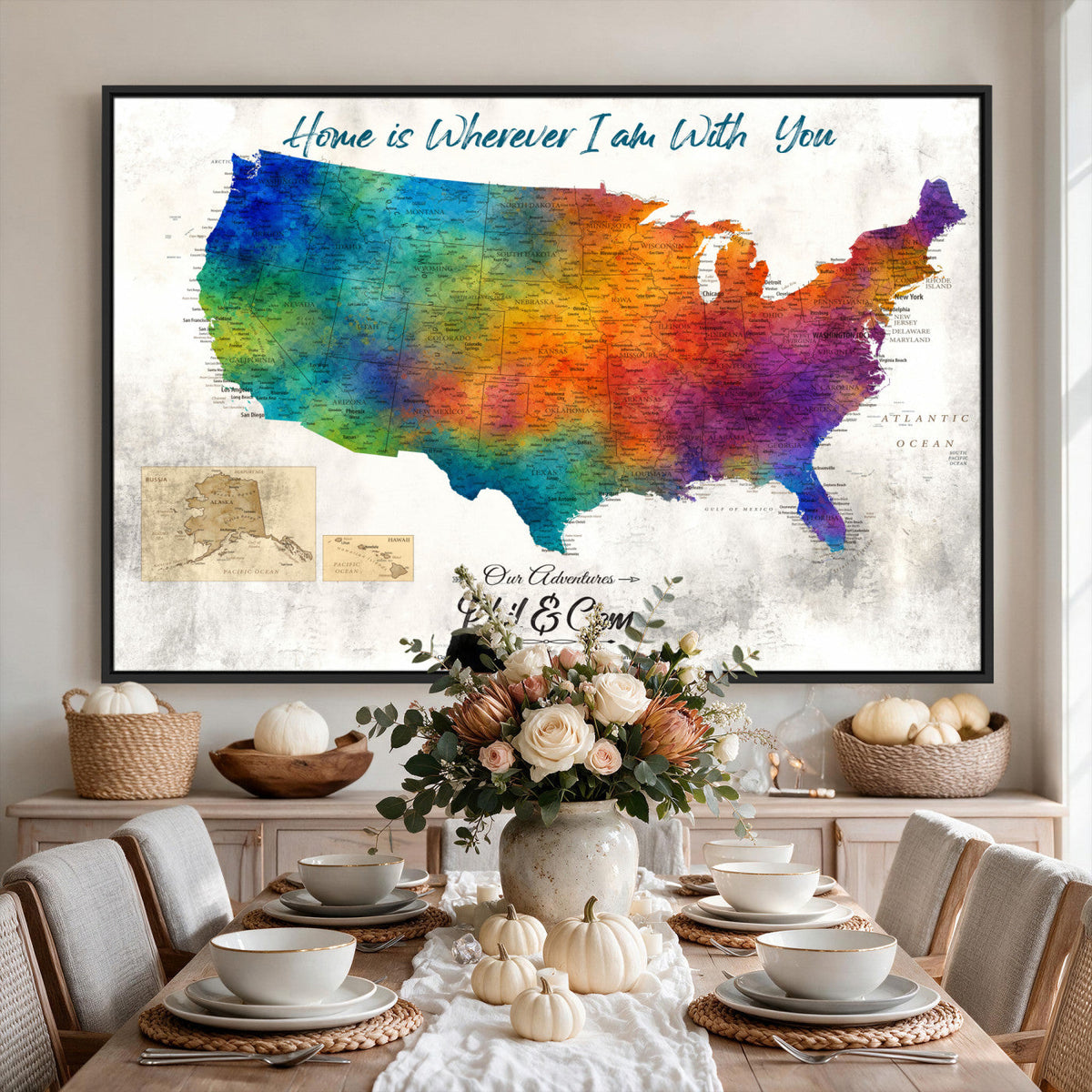 17251793-MGV-CV-36X24 - Watercolor USA Travel Map with Pins Colorful Modern Canvas Wall Art
