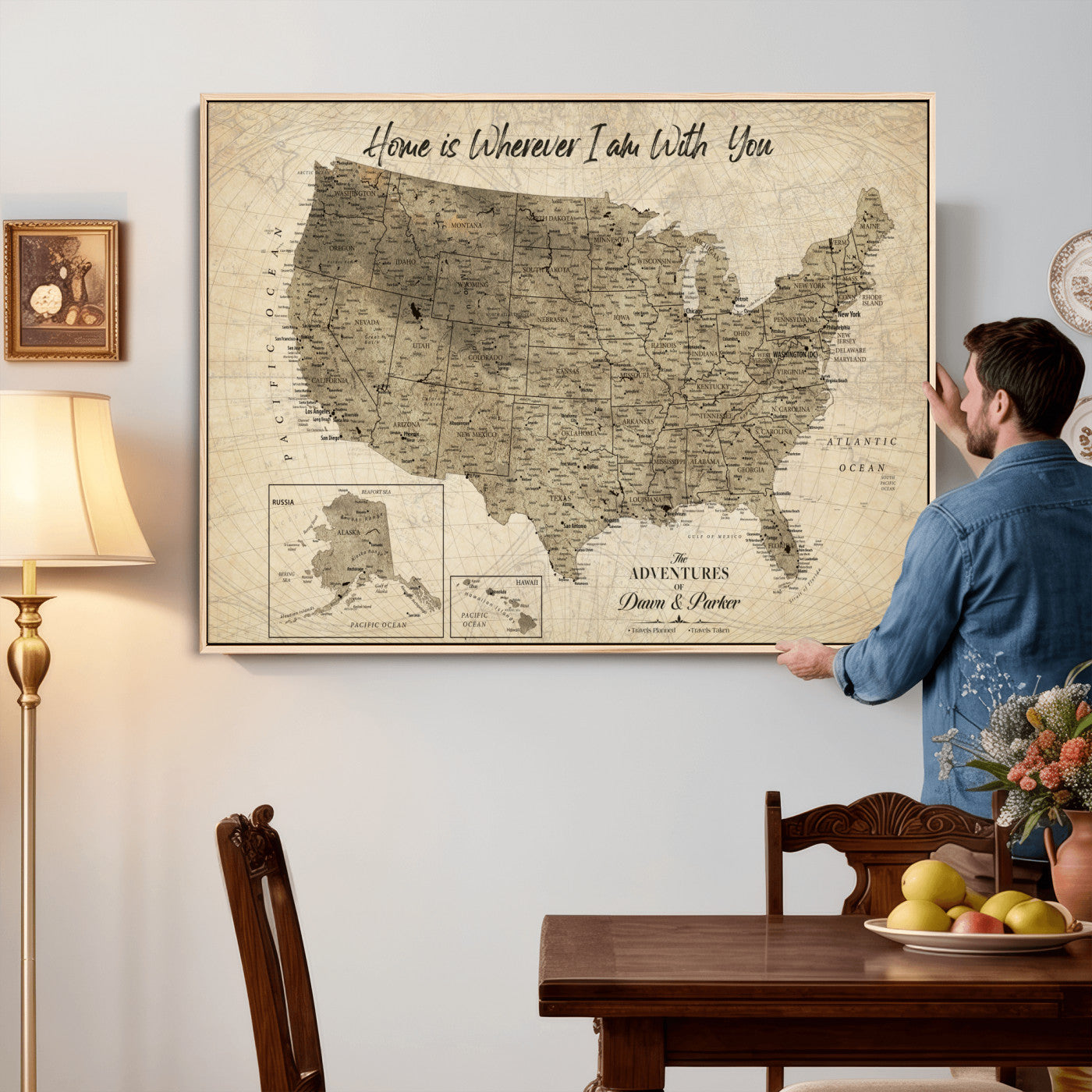 25440520-MGV-CV-36X24 - Personalized United States Map Canvas Wall Art with Push Pins Detailed