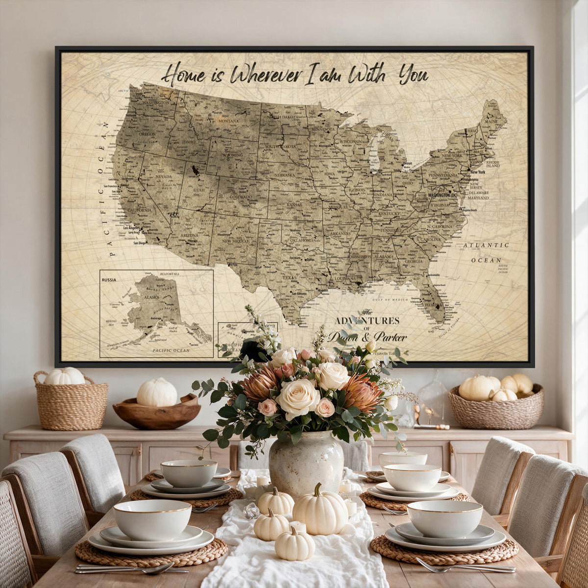 25440520-MGV-CV-36X24 - Detailed Personalized Push Pin United States Map Wall Art, States Visited Map, Office and Hallway Decor