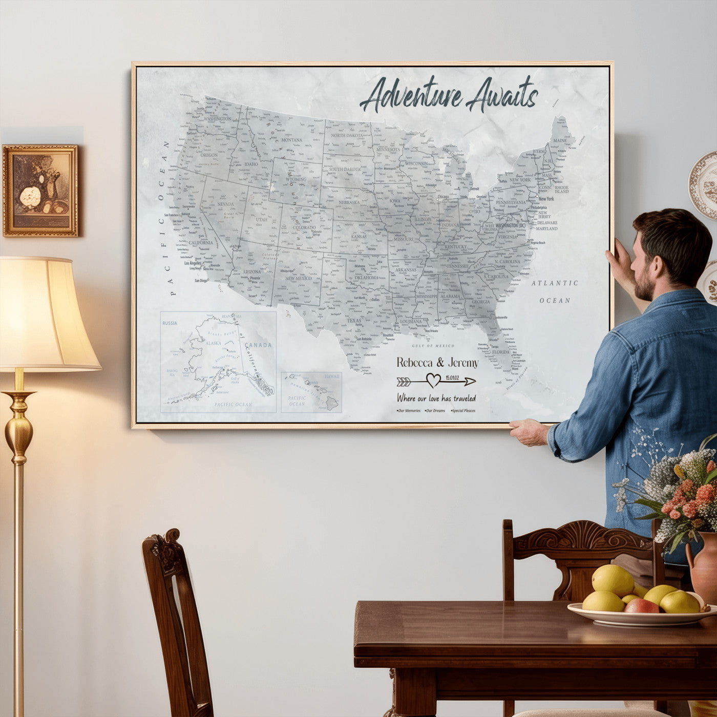 66120672-MGV-CV-36X24 - Personalized America Push Pin Travel Map Canvas Wall Art for Custom Family Gift