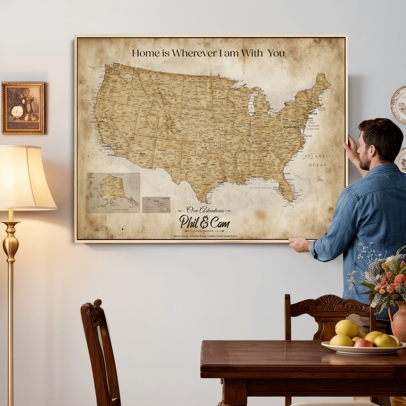 80624553-MGV-CV-36X24 - Personalized USA Push Pin Travel Map Canvas Wall Art Custom Family Gift