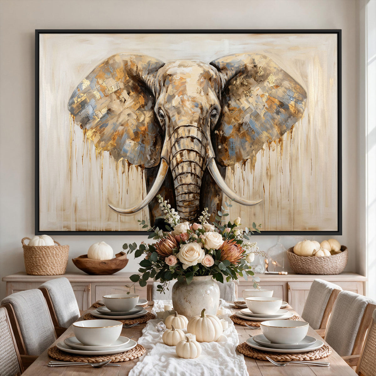 95819221-MGV-CV-36X24 - Gold Leaf Elephant Canvas Wall Art Abstract African Wildlife Painting Print