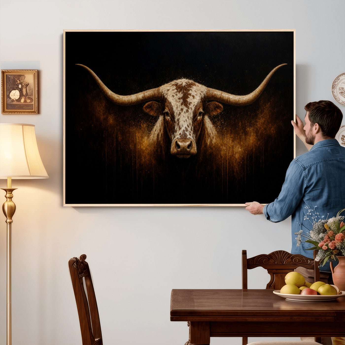 12628958-MGV-CV-36X24 - Texas Longhorn Canvas Wall Art Moody Western Bull Oil Painting Print