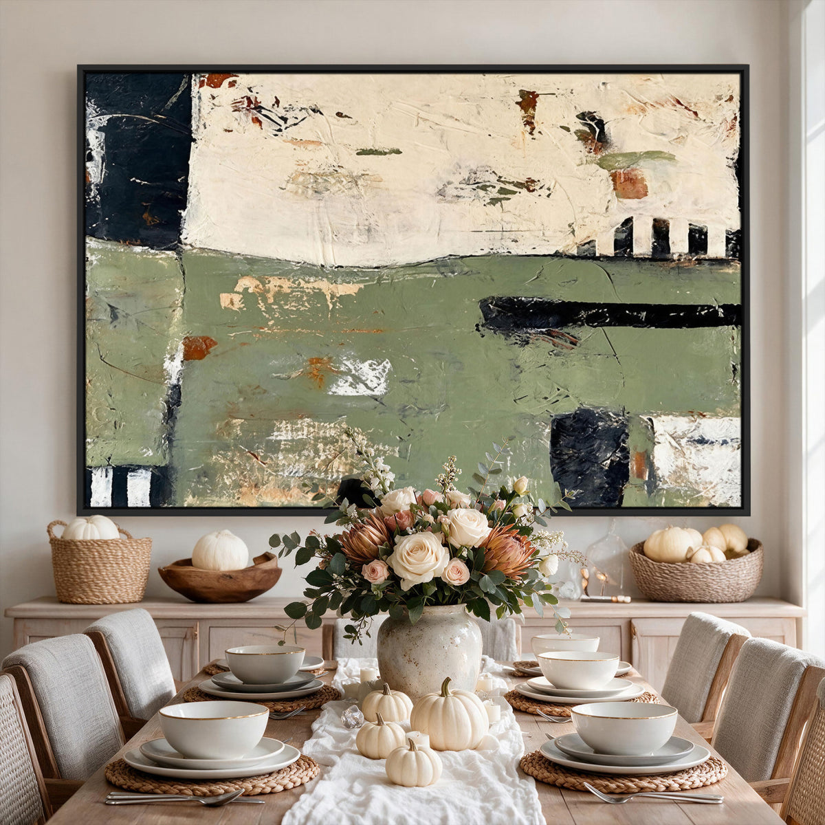77942087-MGV-CV-36X24 - Sage Green Abstract Geometric Landscape Wall Art Canvas Print, Modern Minimalist Decor