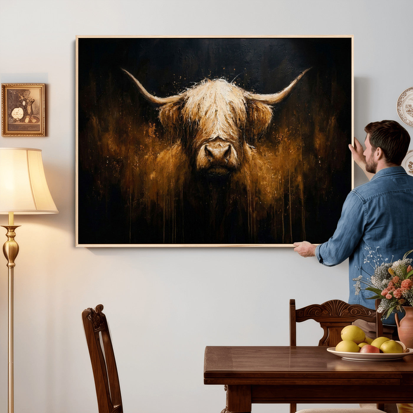 79873059-MGV-CV-36X24 - Rustic Highland Cow Canvas Print Dark Farmhouse Cattle Wall Decor