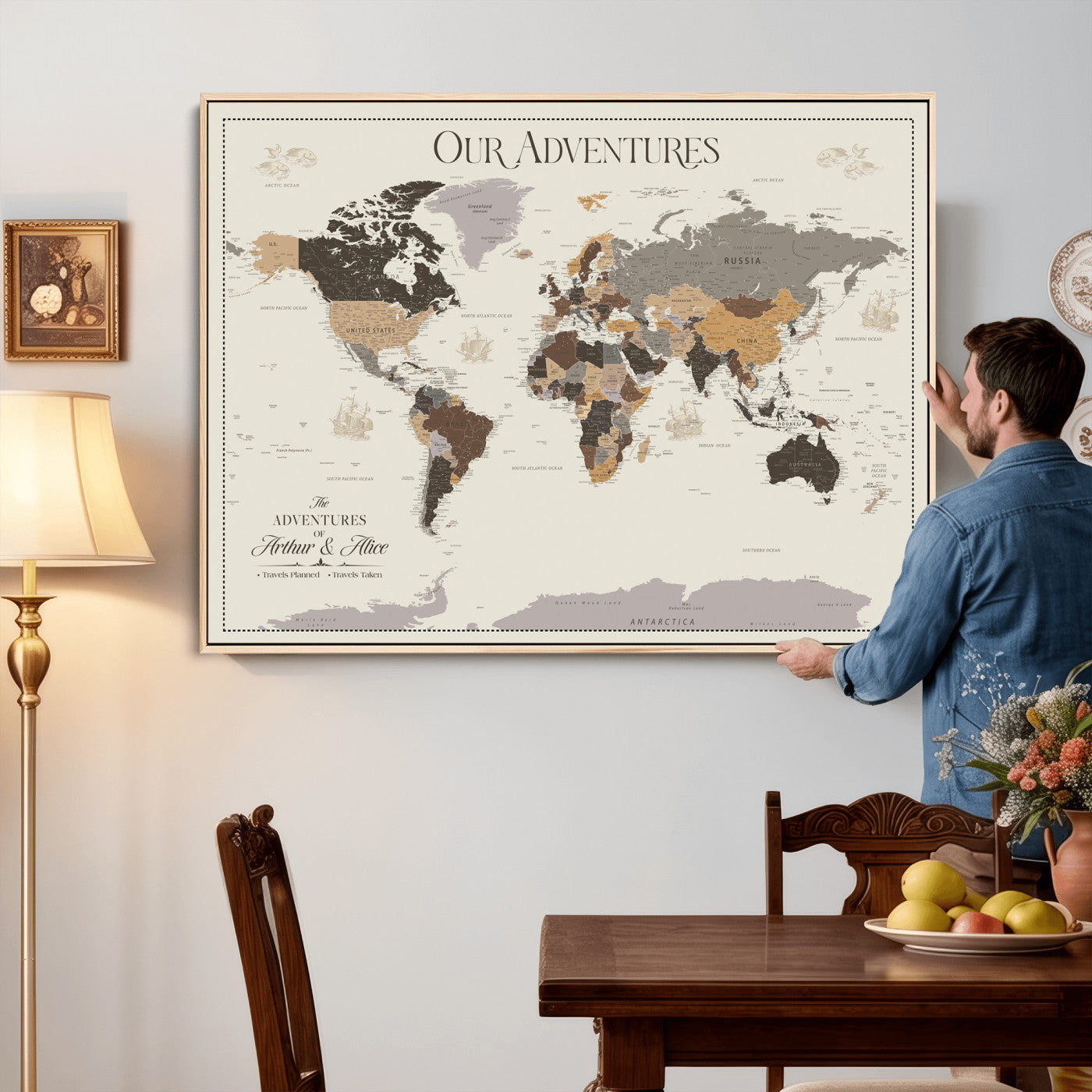 58777746A-MGV-CV-36X24 - Push Pin Customize World Map Wall Art Canvas Print, Modern Decorative Framed Map Artwork Prints for Living Room, Office, Bedroom Wall Decor