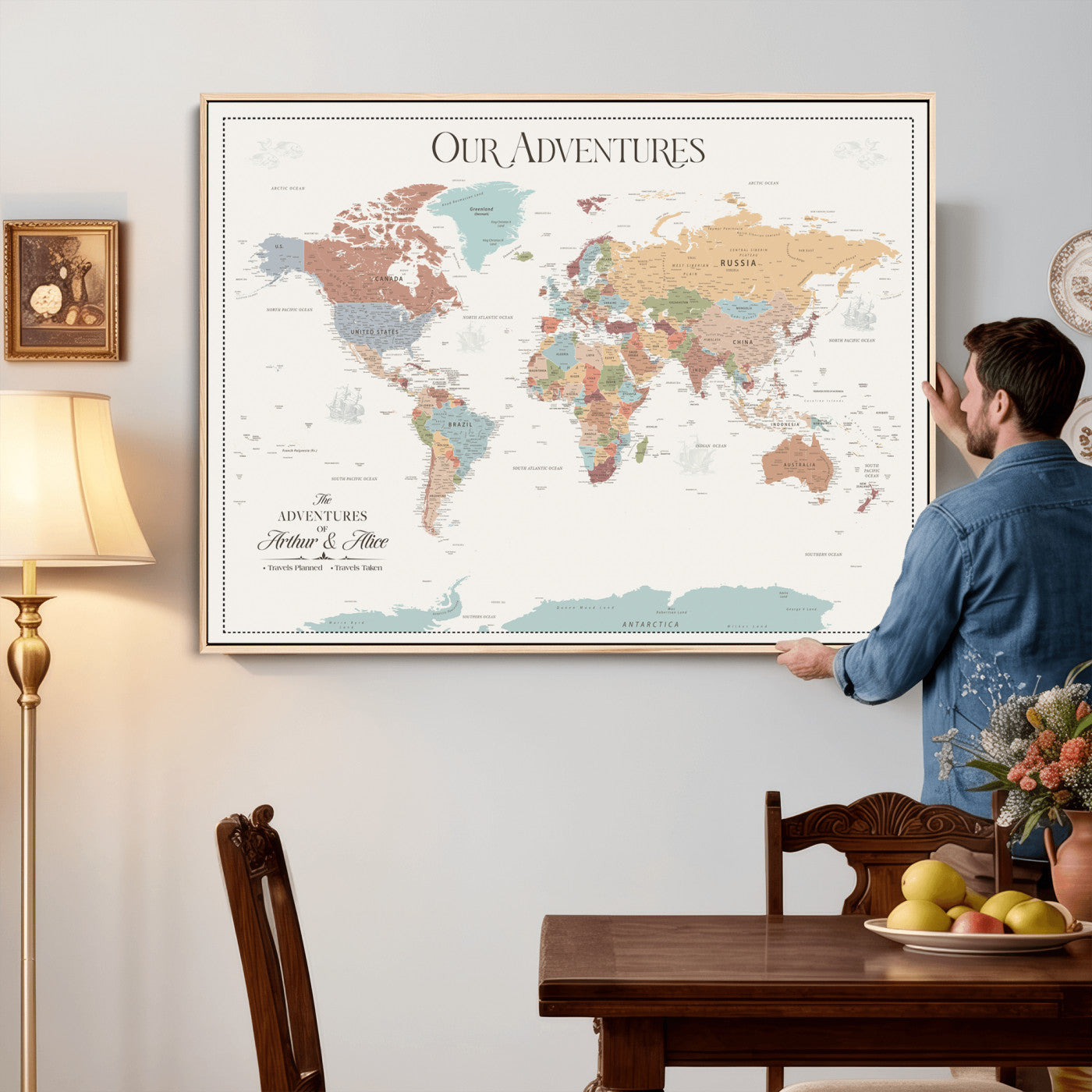 NEWMAP-4-MGV-CV-36X24 - Push Pin Customize World Map with Pins Board Wall Art Canvas Print
