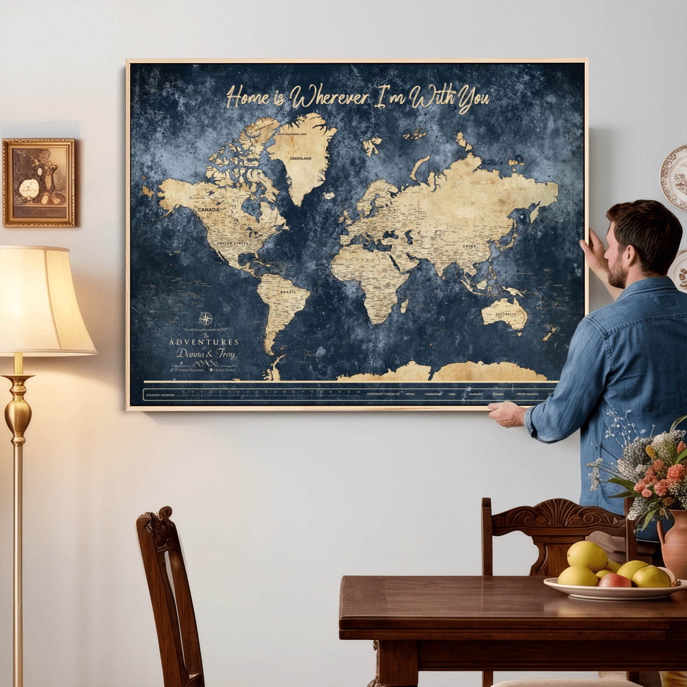 400867BL-MGV-CV-36X24 - Framed Blue Custom Push Pin World Map Canvas Print – Personalized Travel Map Wall Art