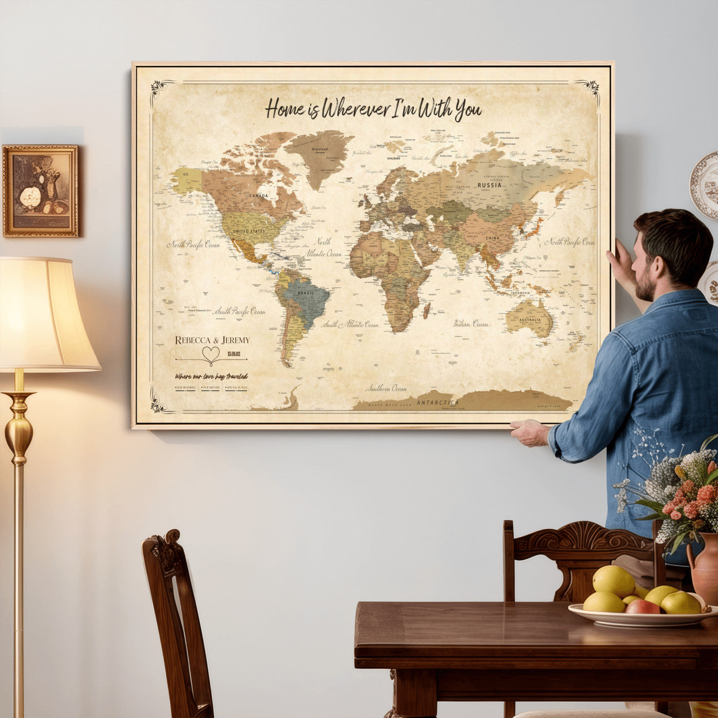 40086165-MGV-TP-30X20 - Framed Vintage Custom Push Pin World Map Canvas Print – Personalized Travel Map Wall Art