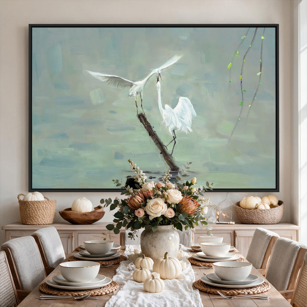 91124838-MGV-CV-36X24 - Two White Egrets on Marsh Branch Wall Art Canvas Print - Vintage Style Coastal Bird Poster