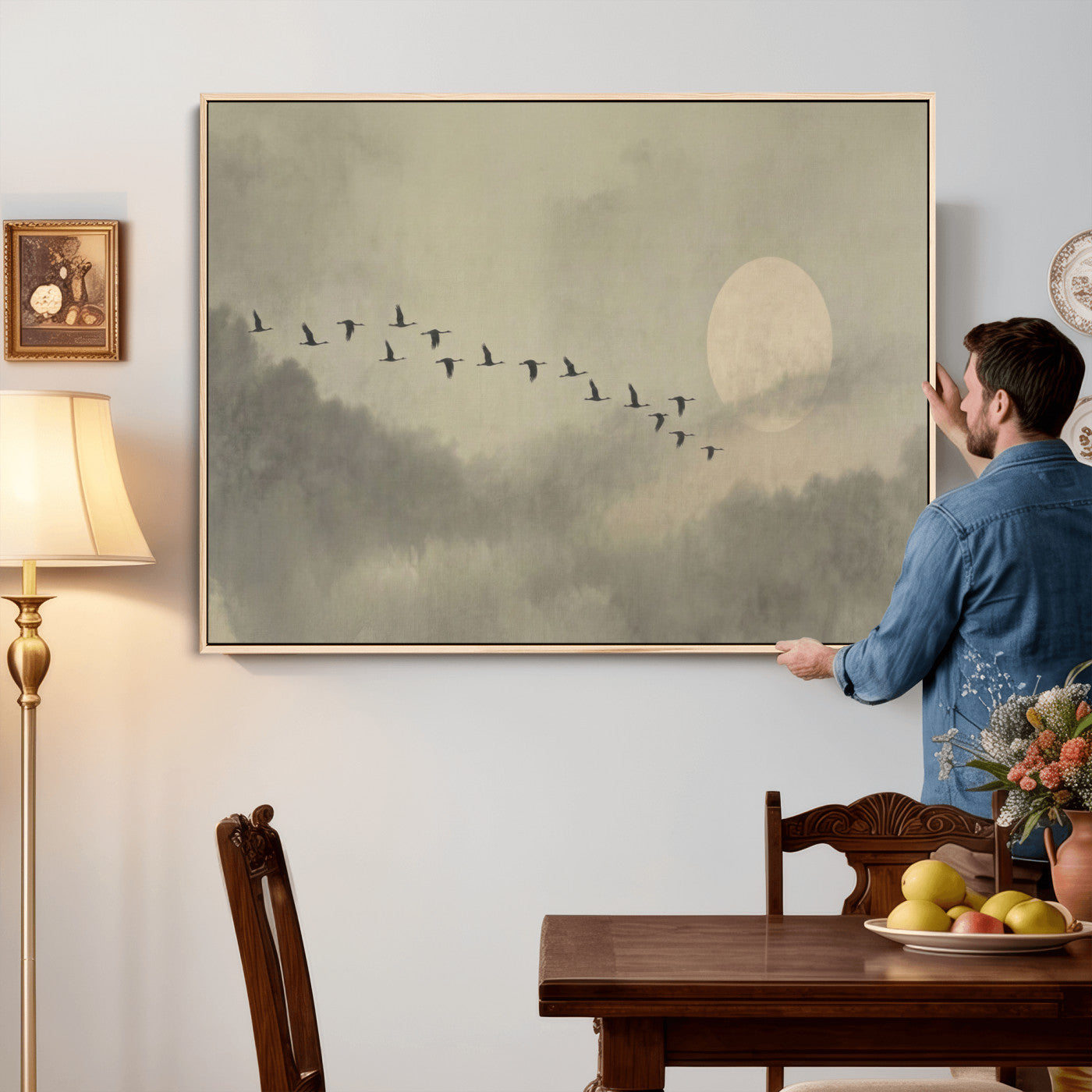 12098149-MGV-CV-36X24 - Flock of Birds Flying to Full Moon Wall Art Canvas Print - Vintage Surreal Clouds Painting
