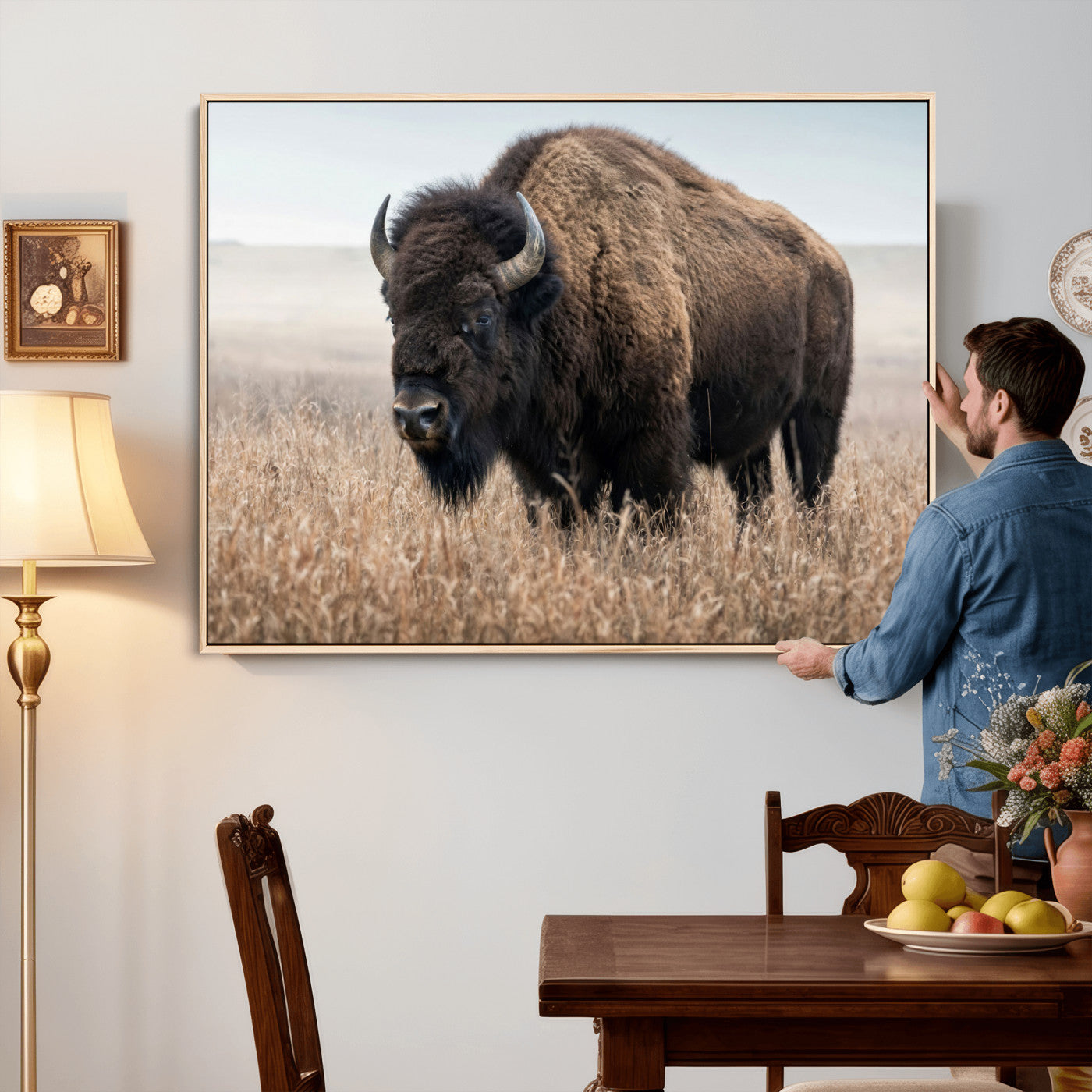 81029583-MGV-CV-36X24 - American Bison in Prairie Field Wall Art Canvas Print - Rustic Wildlife Photography