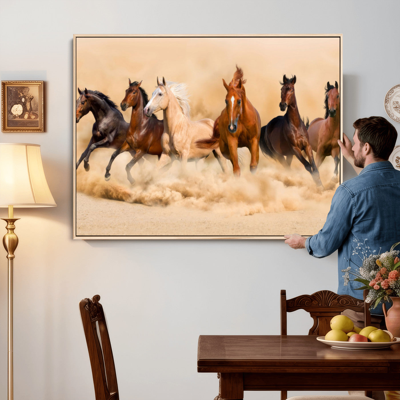 90610949-MGV-CV-36X24 - Herd of Six Wild Horses Galloping in Dust Storm Wall Art Canvas Print - Majestic Wildlife Decor