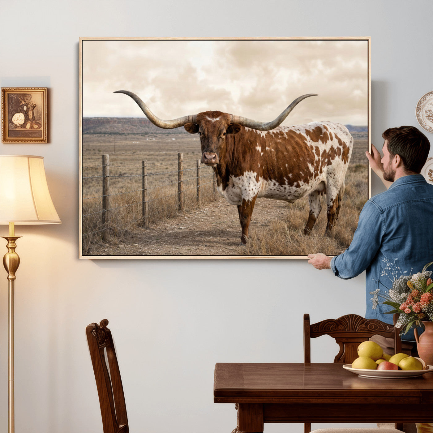 22808364-MGV-CV-36X24 - Texas Longhorn Cattle in Desert Pasture Wall Art Canvas Print - Rustic Western Decor