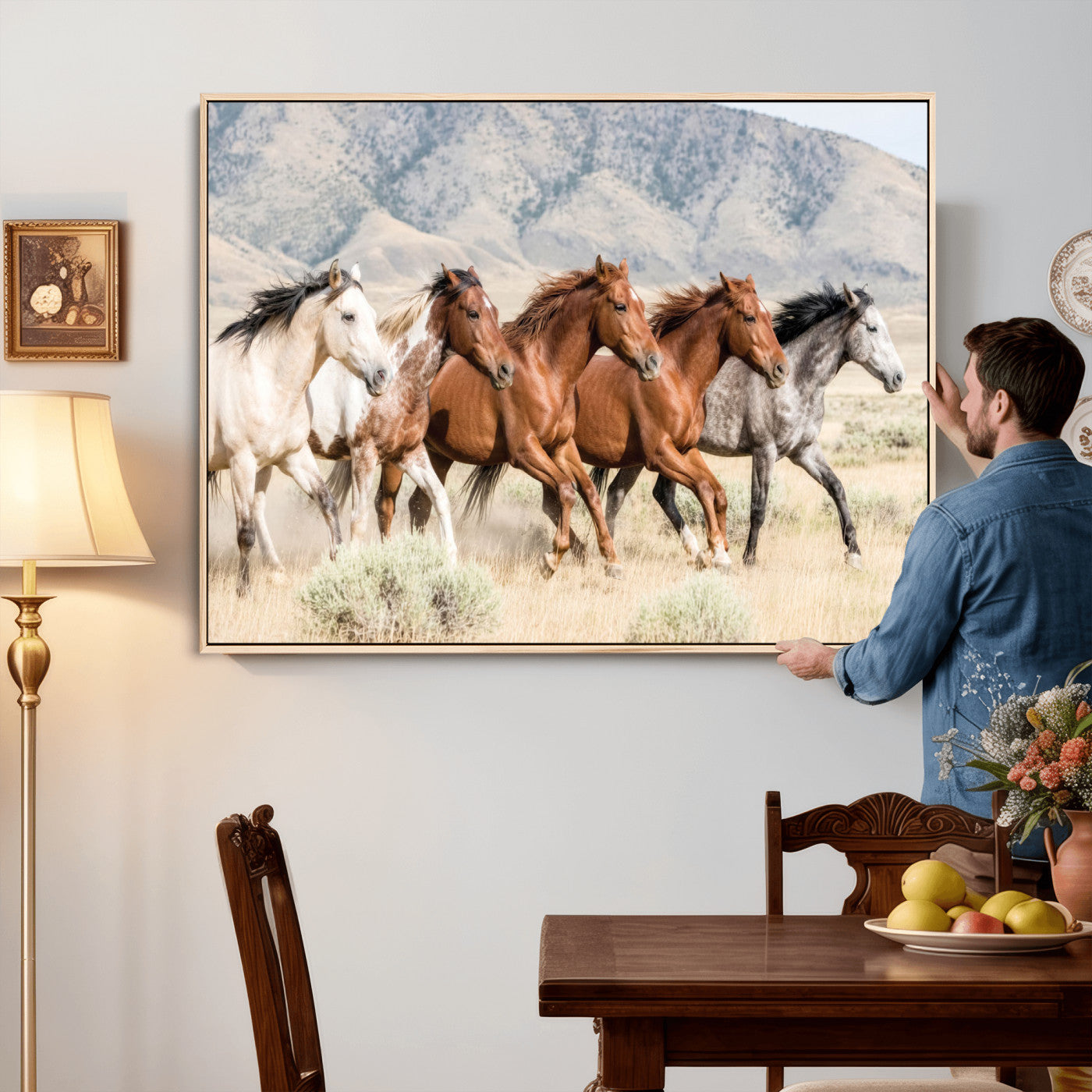 68345893-MGV-CV-36X24 - Five Mustangs Running Wild in Mountain Valley Wall Art Canvas Print - Rustic Western Decor