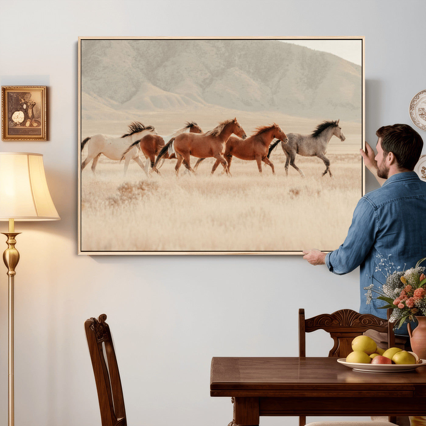 43348446-MGV-CV-36X24 - Herd of Wild Horses Running in Desert Mountain Wall Art Canvas Print - Boho Western Landscape