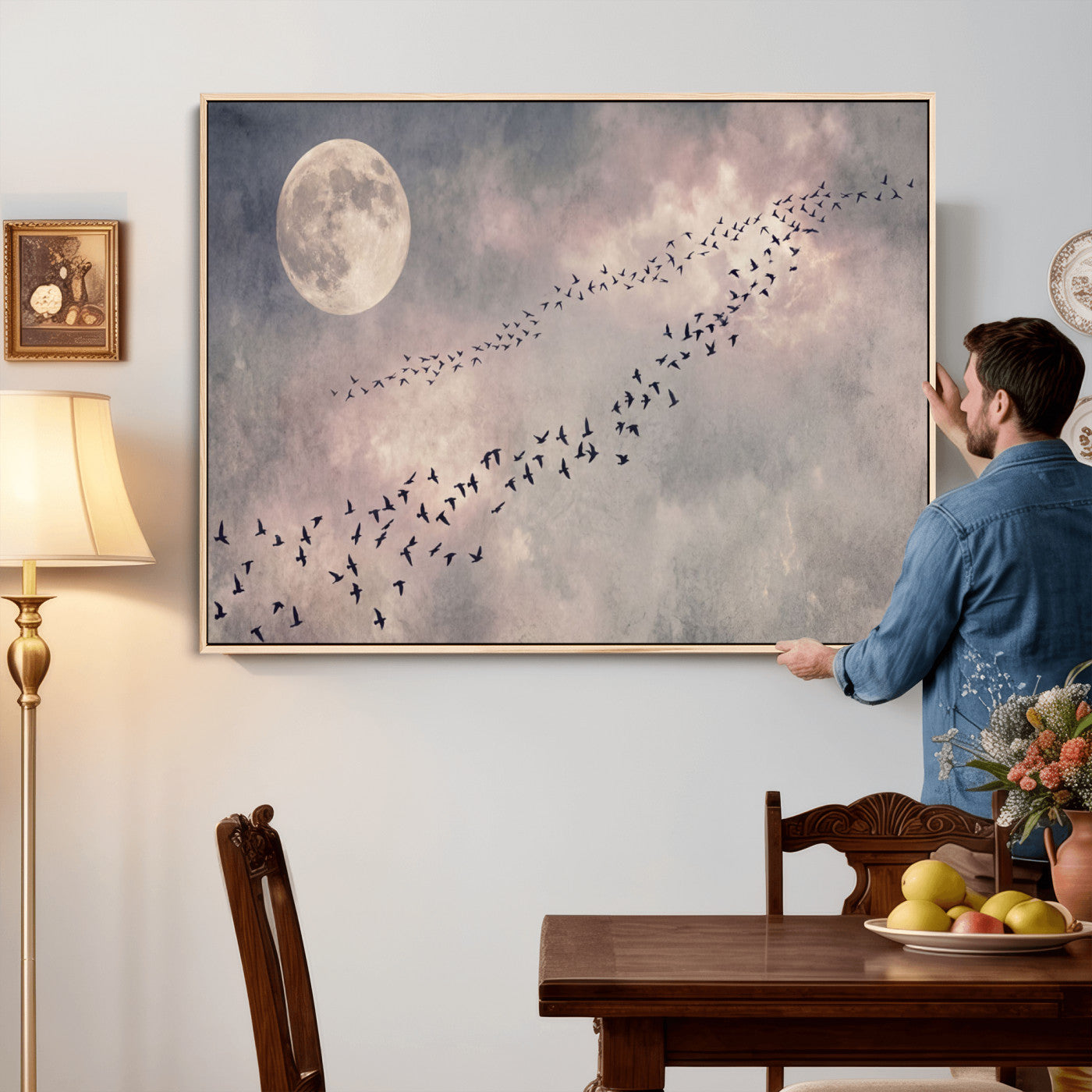 52339590-MGV-CV-36X24 - Birds Flying to Moon Wall Art Canvas Print - Vintage Surreal Night Sky Sky Print