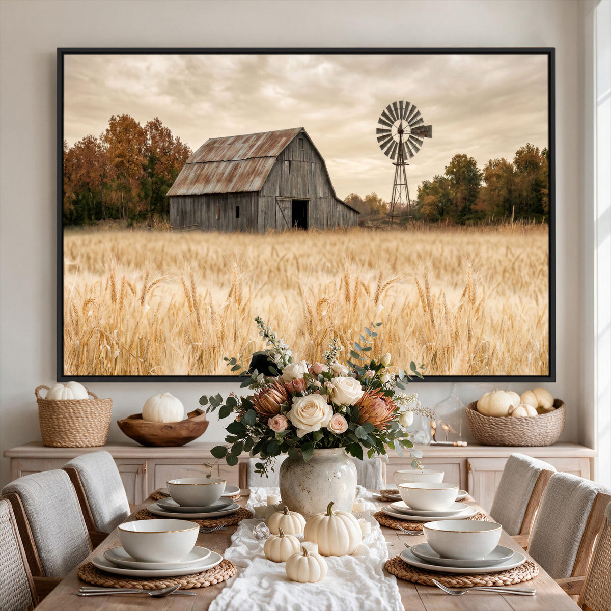 99640659-MGV-CV-36X24 - Rustic Farmhouse Barn and Windmill Wall Art Canvas Print, Country Landscape Photography Print