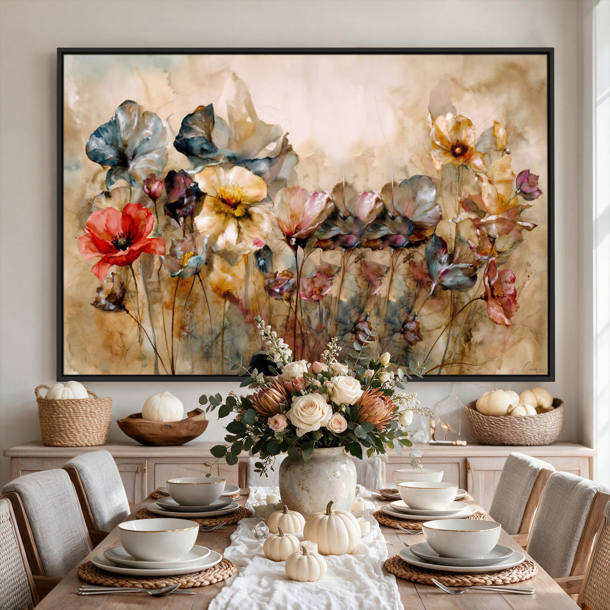 11407233-MGV-CV-36X24 - Vintage Dried Floral Meadow Wall Art Canvas Print, Translucent Watercolor Flowers Painting Print