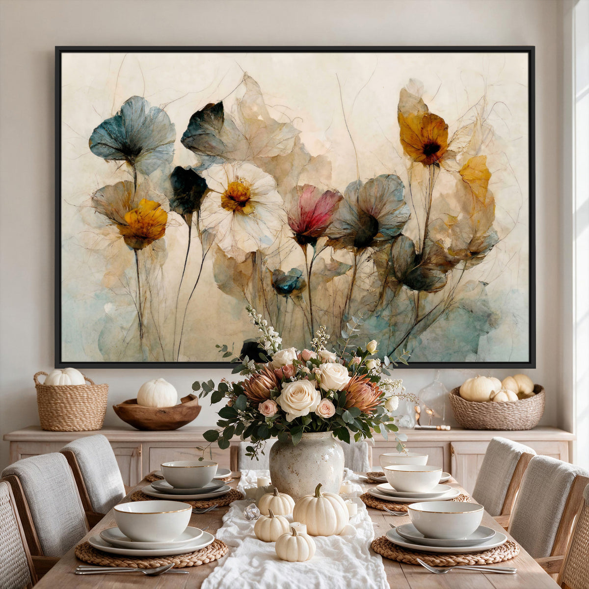 86802229-MGV-CV-36X24 - Vintage Dried Floral Meadow Wall Art Canvas Print, Translucent Watercolor Flowers Painting Print