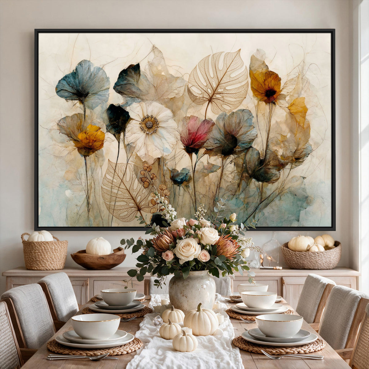 93171612-MGV-CV-36X24 - Vintage Dried Floral Meadow Wall Art Canvas Print, Translucent Watercolor Flowers Painting Print