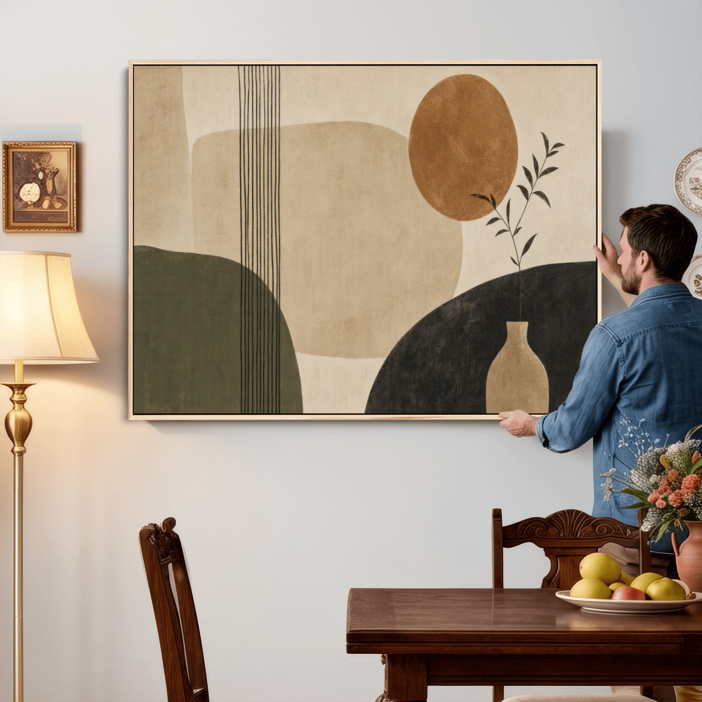 29113684-MGV-CV-36X24 - Japandi Minimalist Abstract Wall Art Canvas Print, Sage Green and Terracotta Sun Botanical Painting Print