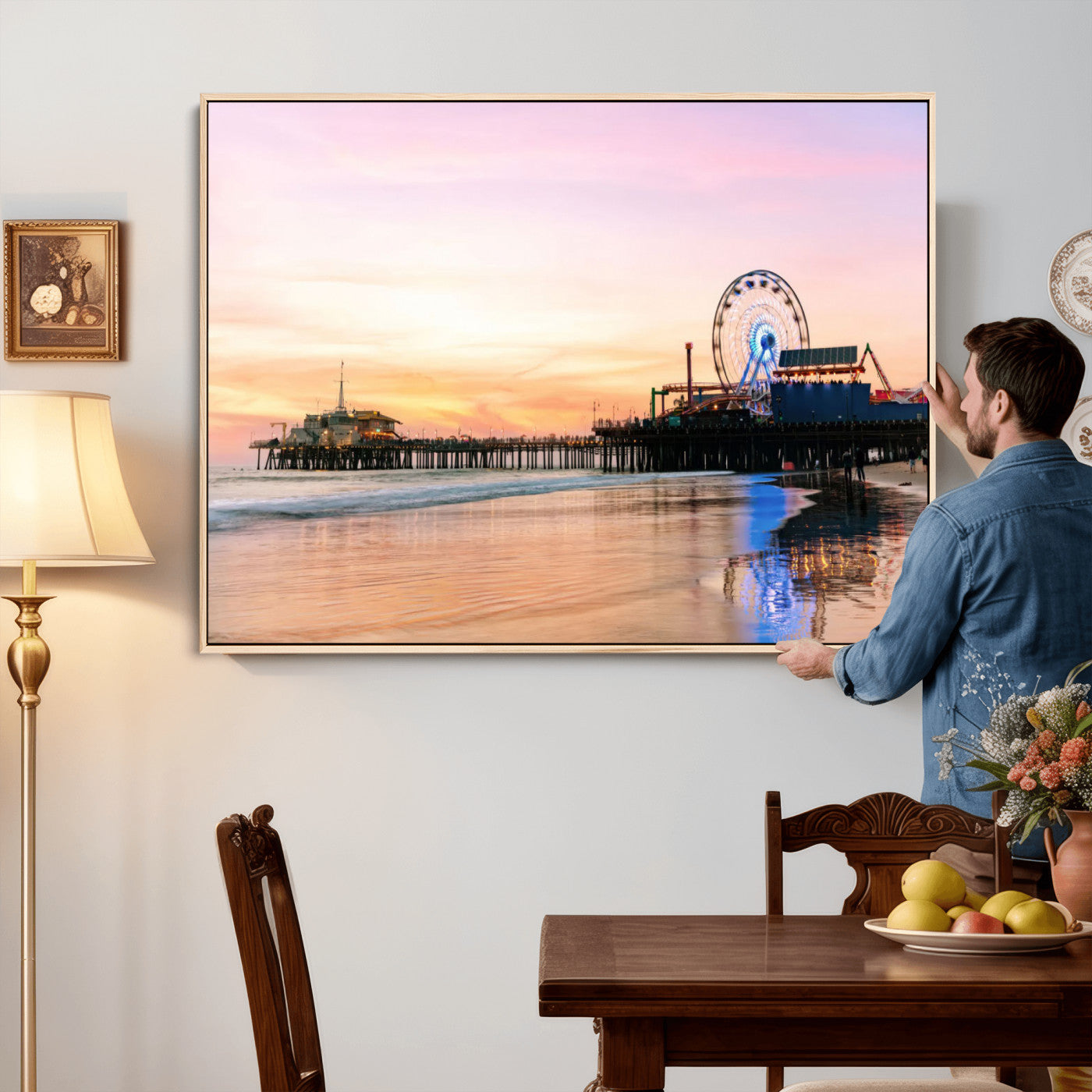 27381272-MGV-CV-36X24 - Santa Monica Pier Sunset Beach Wall Art Canvas Print, California Ferris Wheel Photo Print