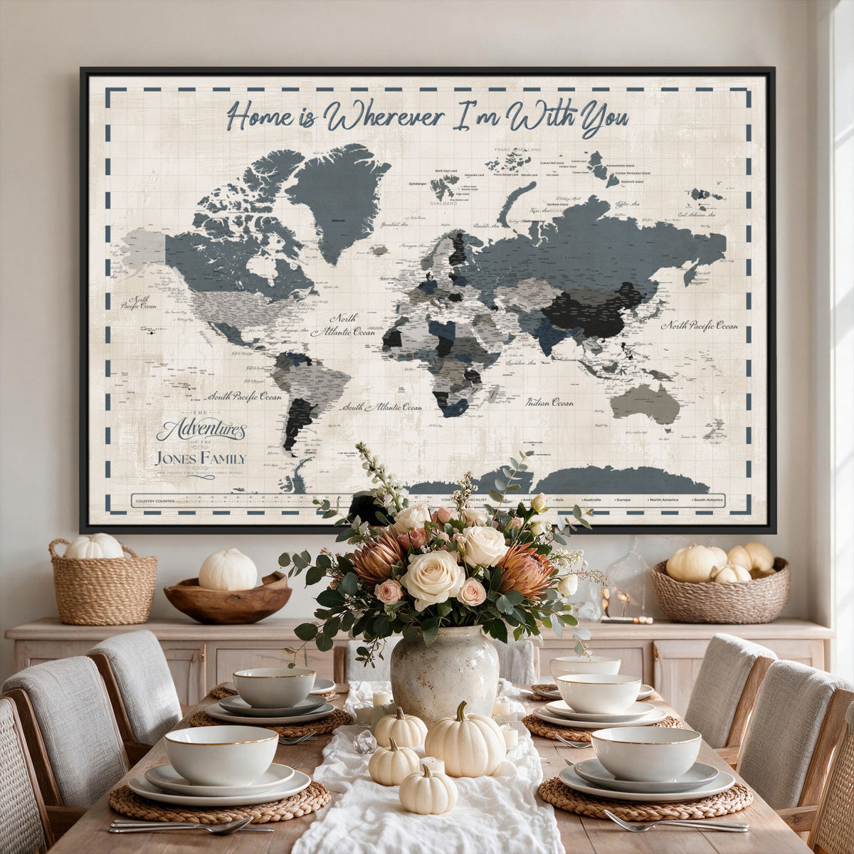 400867164-MGV-CV-36X24 - Framed Blue Custom Push Pin World Map Canvas Print – Personalized Travel Map Wall Art