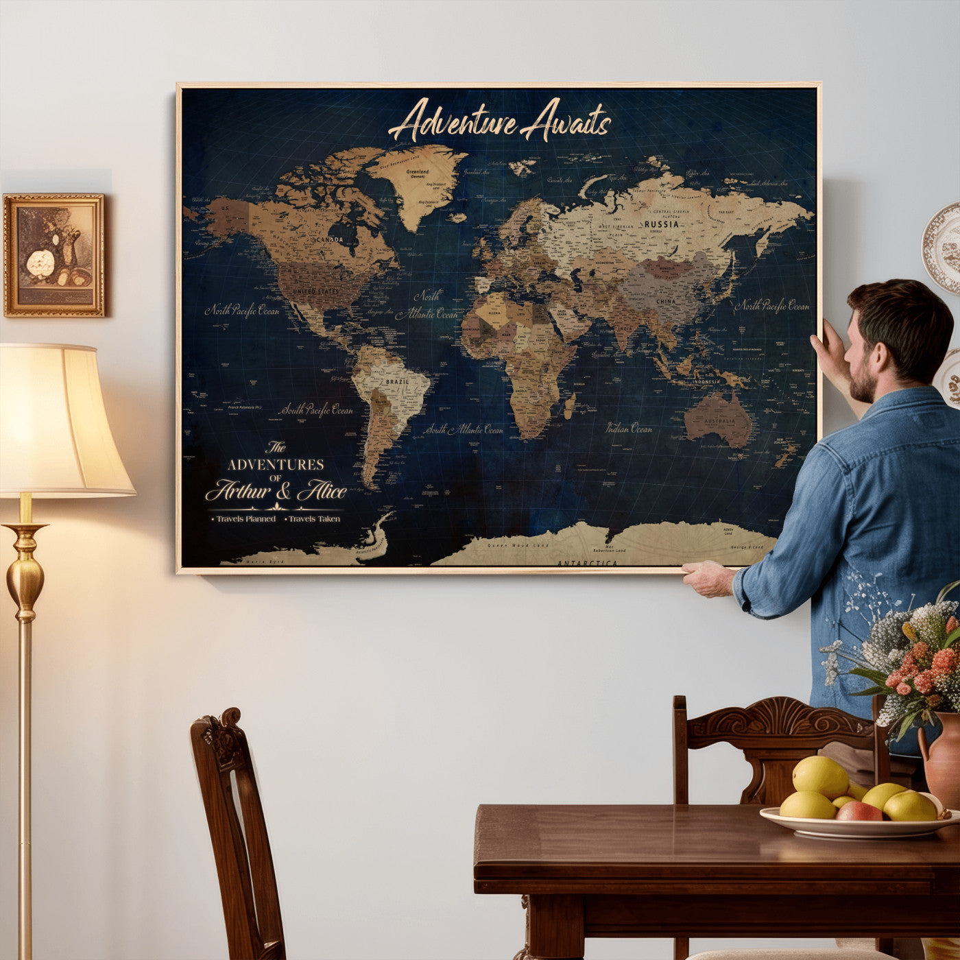 74477969-MGV-CV-36X24 - Custom Push Pin World Map Canvas | Personalized Travel Tracker | Wedding Anniversary Gift for Couples | Adventure Map Wall Art with Pins