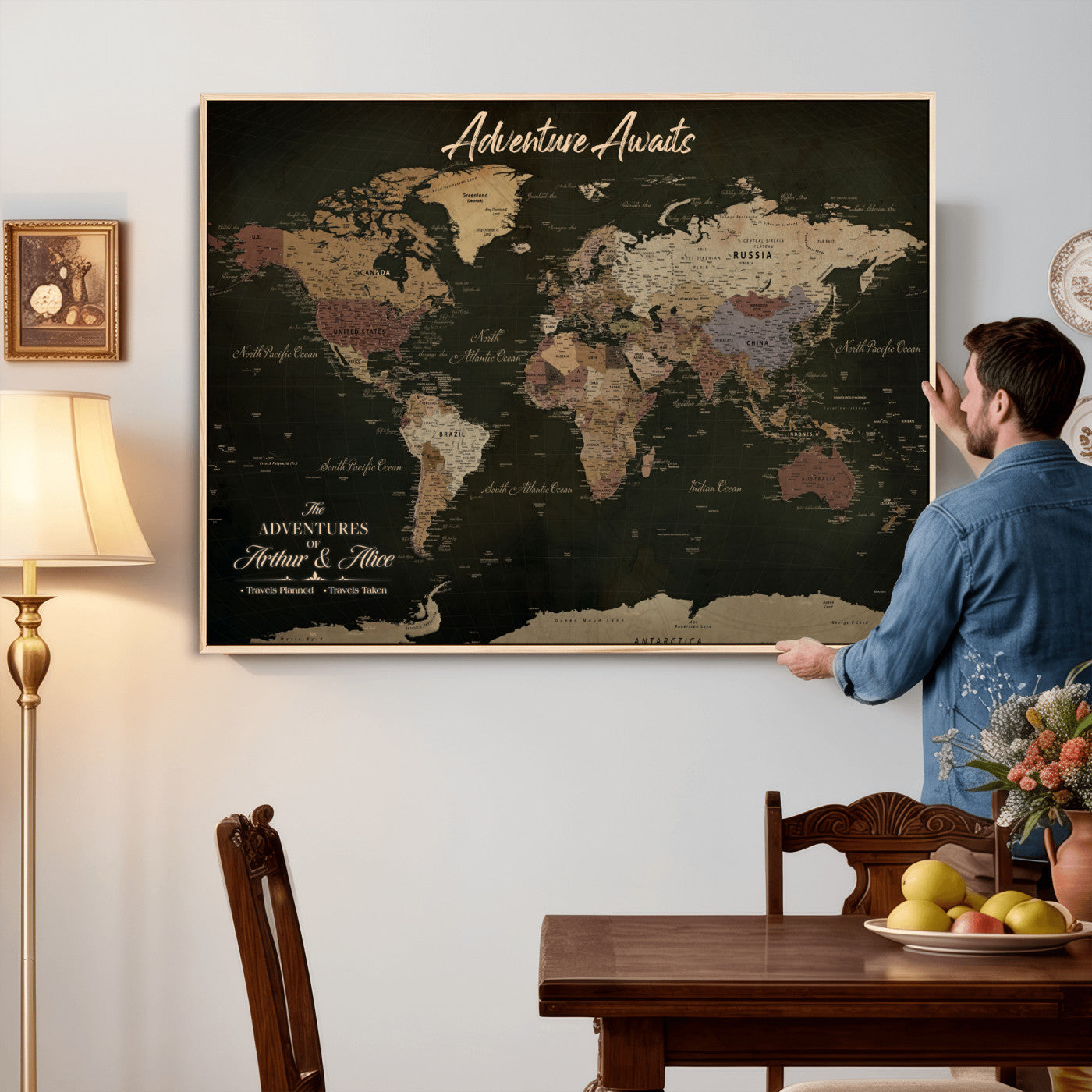 46935759-MGV-CV-36X24 - Custom Push Pin World Map Canvas | Personalized Travel Tracker | Wedding Anniversary Gift for Couples | Adventure Map Wall Art with Pins