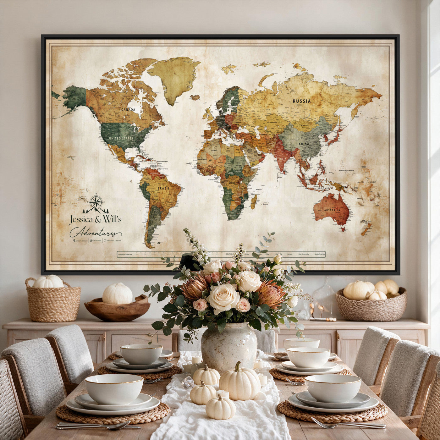 19542567-MGV-CV-36X24 - Custom Push Pin World Map Canvas | Personalized Travel Tracker | Wedding Anniversary Gift for Couples - Adventure Map Wall Art with Pins