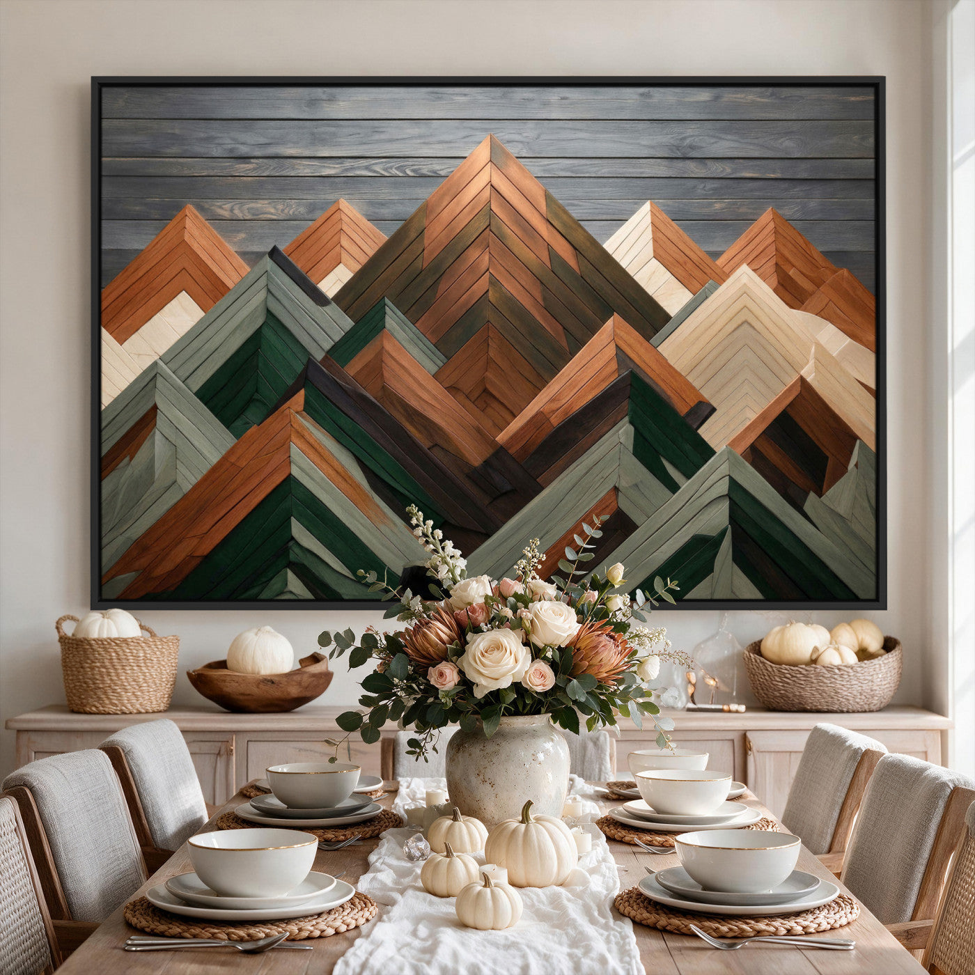 84617347-MGV-CV-36X24 - Geometric Wood Mountain Wall Art Canvas Print, 3D Look Rustic Mosaic Landscape Print