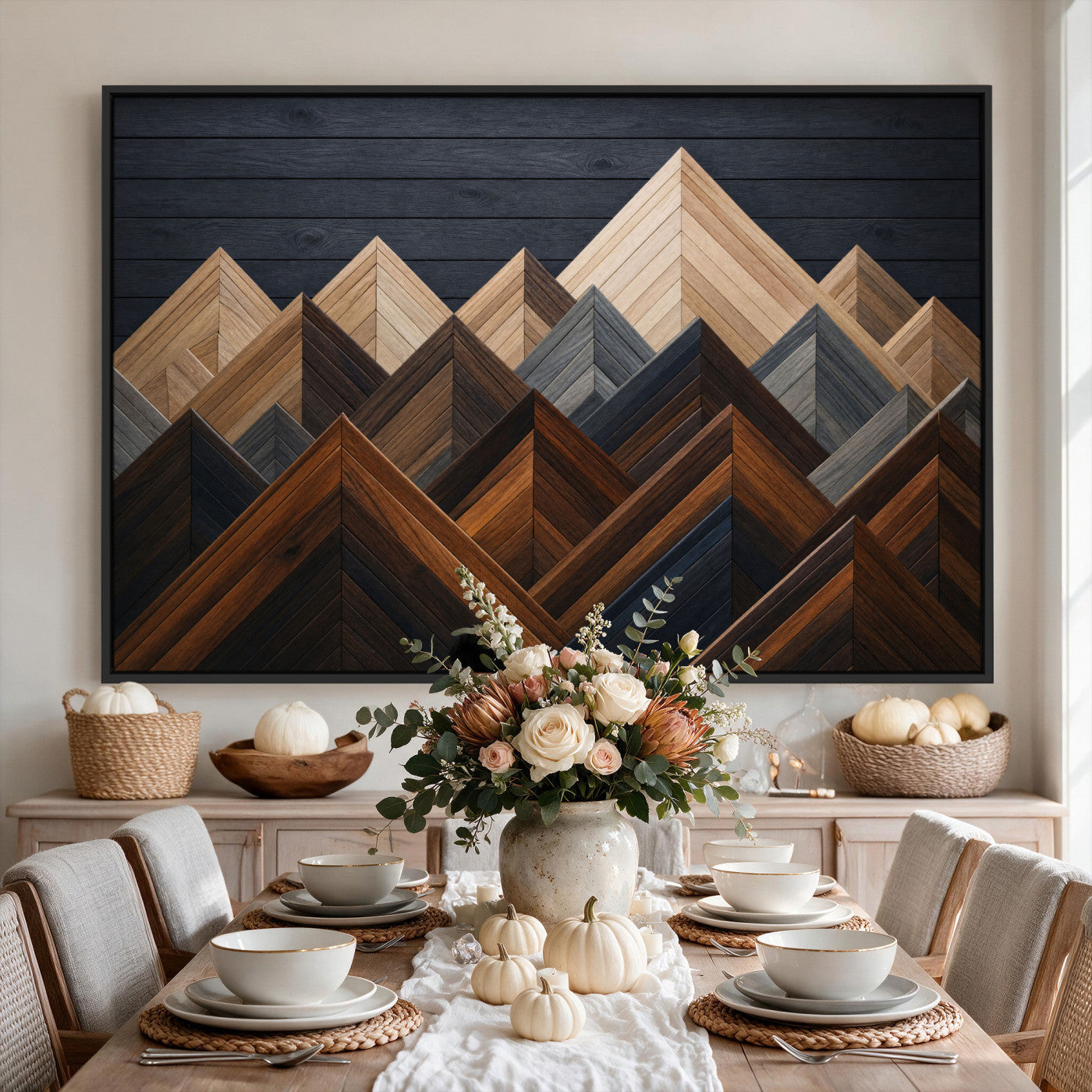 70531117-MGV-CV-36X24 - Geometric Wood Mountain Wall Art Canvas Print, 3D Look Rustic Mosaic Landscape Print