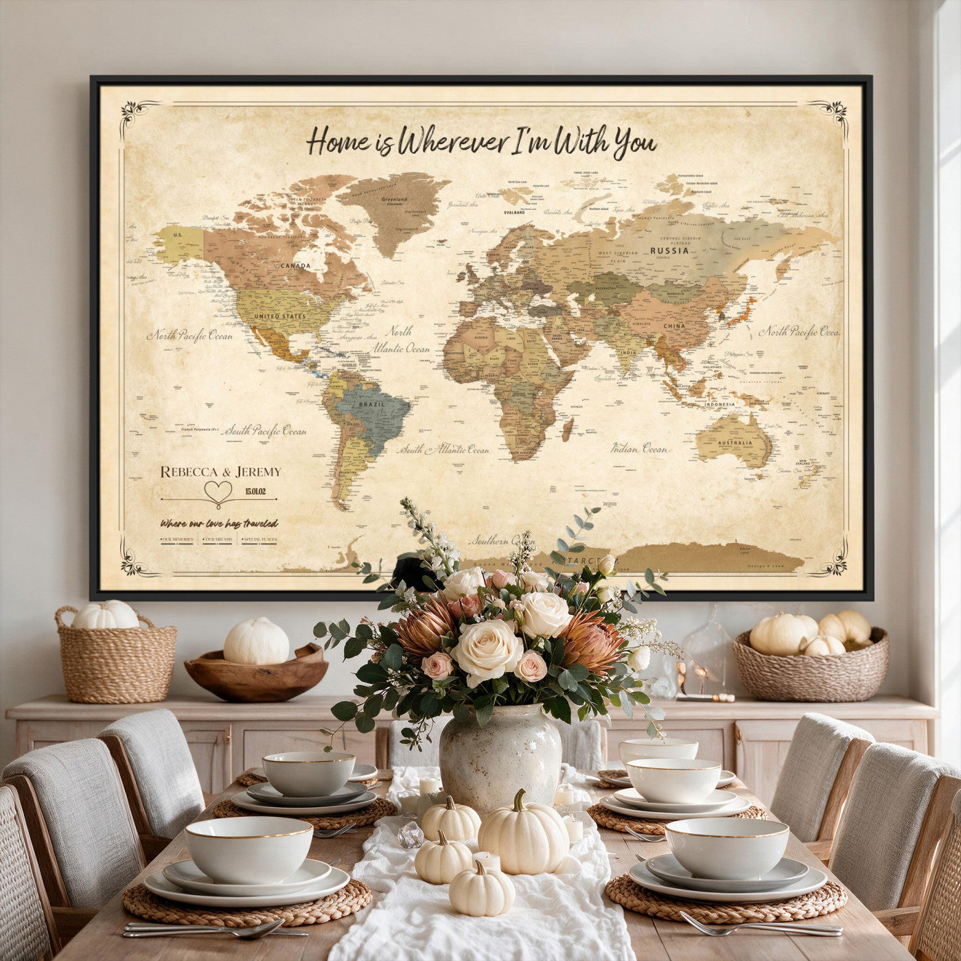 40086165SP-MGV-CV-36X24 - Custom Push Pin Travel Map Canvas Print, Cream Personalized Travel Tracker Map, Anniversary Gift, Vintage World Map Wall Art