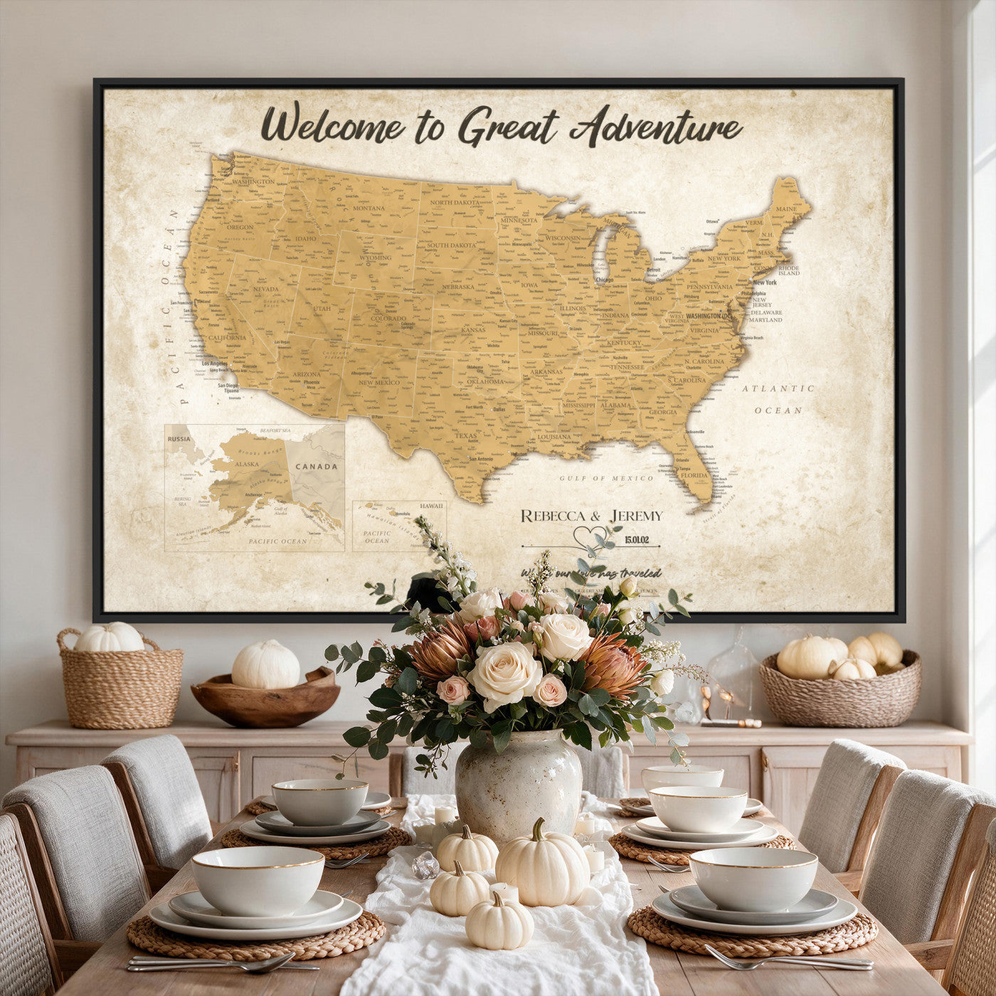 81437082-MGV-CV-36X24 - Custom Push Pin Travel USA Map Canvas Print, Cream Personalized Travel Tracker America Map, Anniversary Traveler Gift