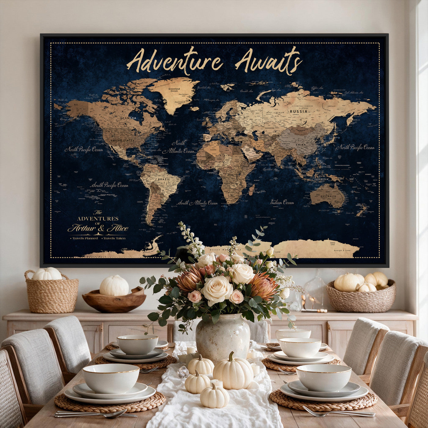 57167164-MGV-CV-36X24 - Custom Push Pin Travel Map Canvas Print, Navy Blue Personalized Travel Tracker Map, Anniversary Gift, Vintage World Map Wall Art