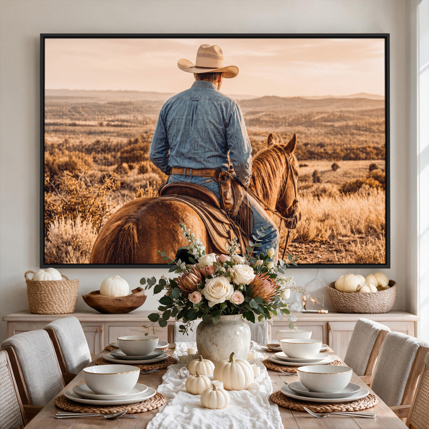 62076449-MGV-CV-36X24 - Texas Cowboy and Horse Print for Western Wall Art Decor for Farmhouse