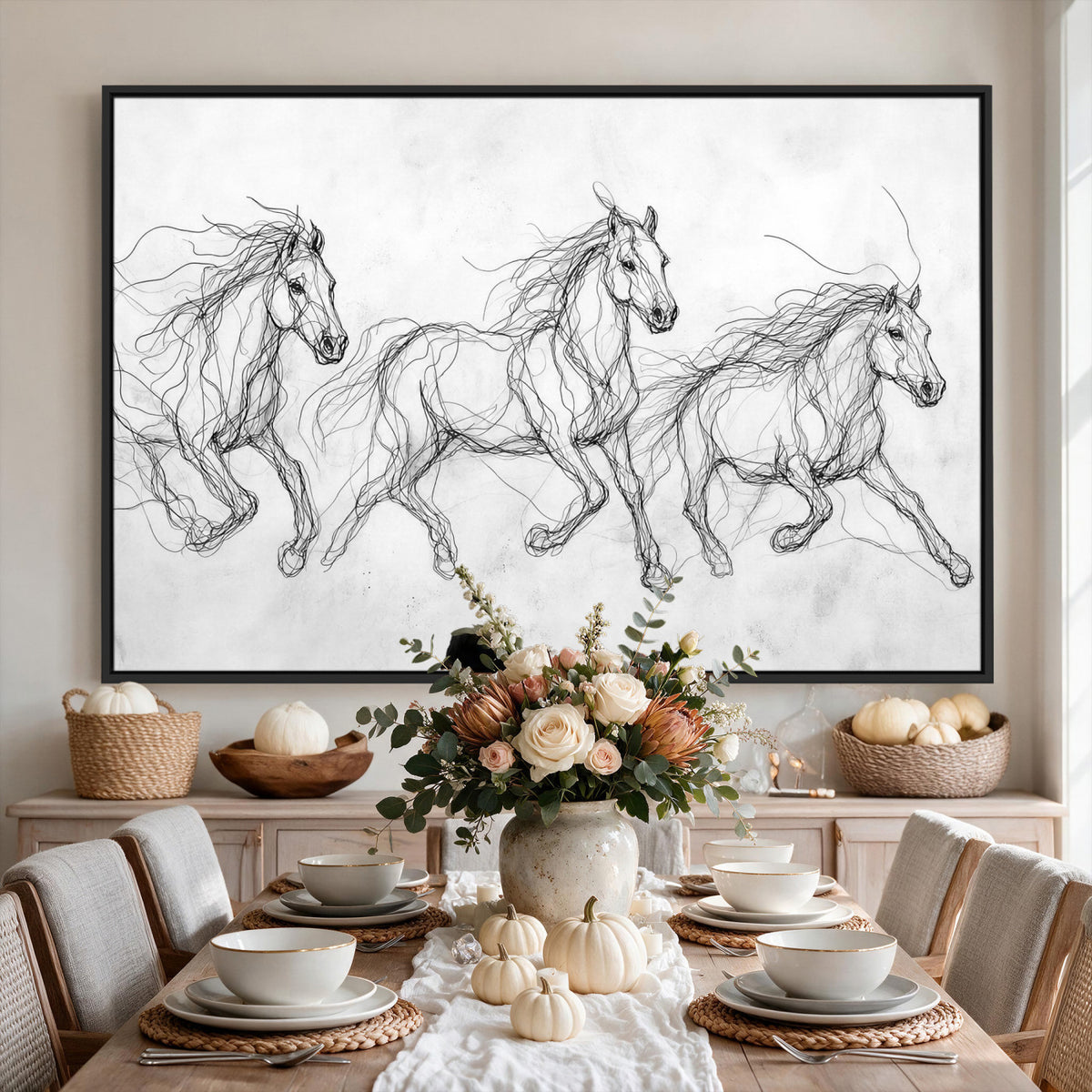 53600119-MGV-CV-36X24 - Monochrome Horse Canvas Wall Art, Black Ink Sketch Wild Horses Print, Minimalist Equestrian Artwork, Modern Abstract Line Decor, Urban Loft Gift