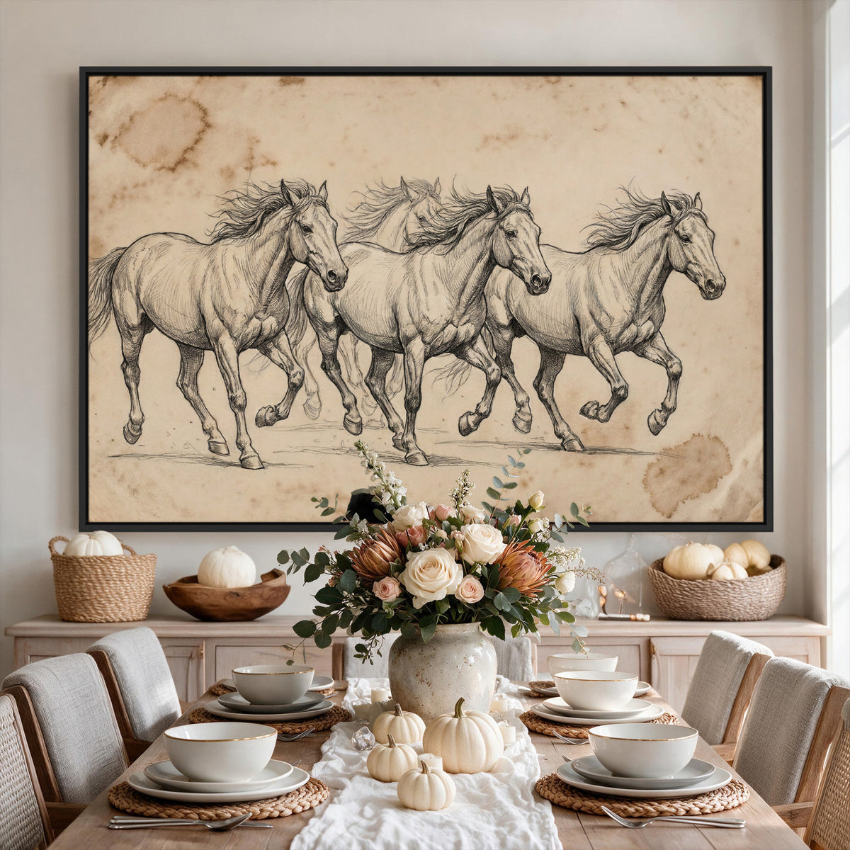 56046981-MGV-CV-36X24 - Sepia Wild Horses Canvas Art, Antique Pencil Drawing Print, Vintage Gallery Wall Decor, Rustic Equestrian Artwork, Traditional Den Gift