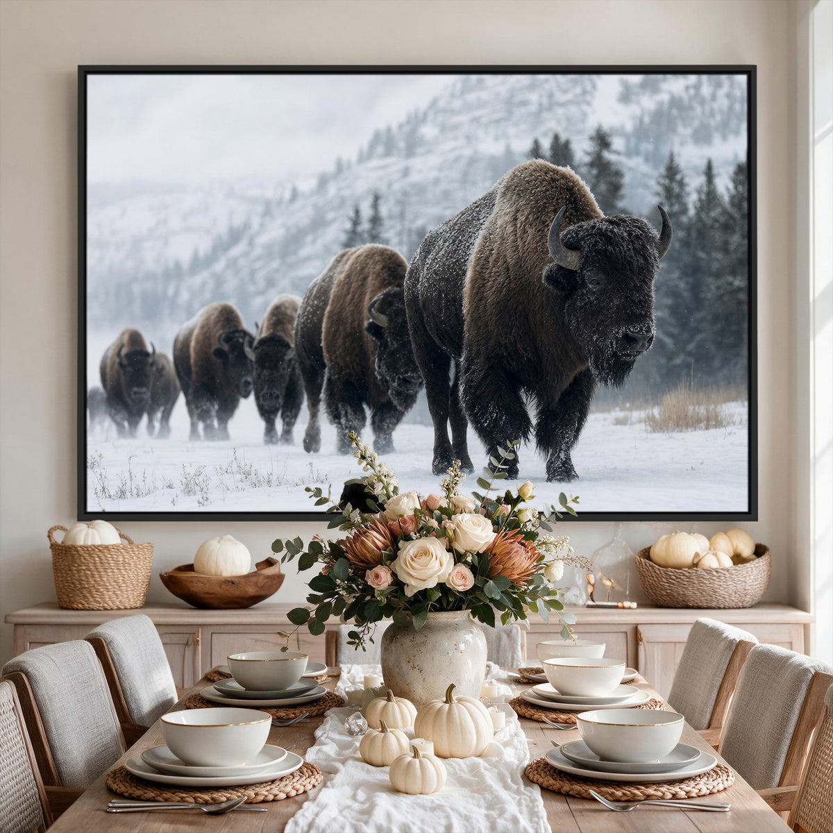 18343289-MGV-CV-36X24 - Rustic Bison Wall Art, American Buffalo Photo Print, Wildlife Canvas Artwork, Snowy Mountain Decor, Large Nature Poster, Cabin Gift Idea