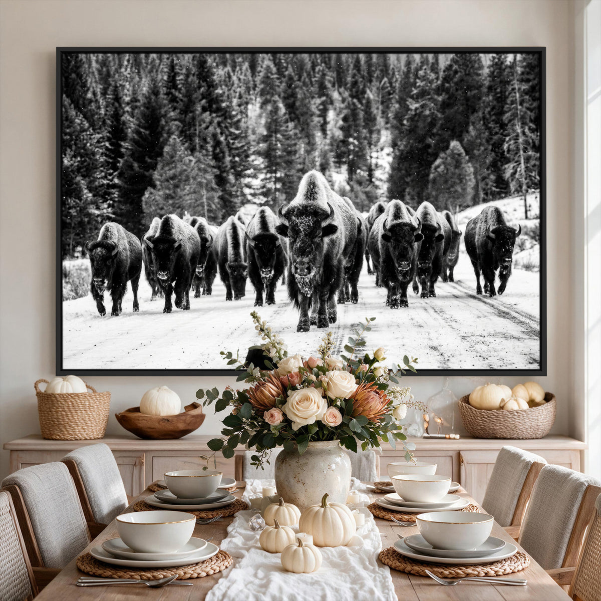 79337077-MGV-CV-36X24 - Black and White Bison Canvas Art, American Buffalo Print, Winter Wildlife Photography, Rustic Forest Wall Decor, Large Statement Nature Gift