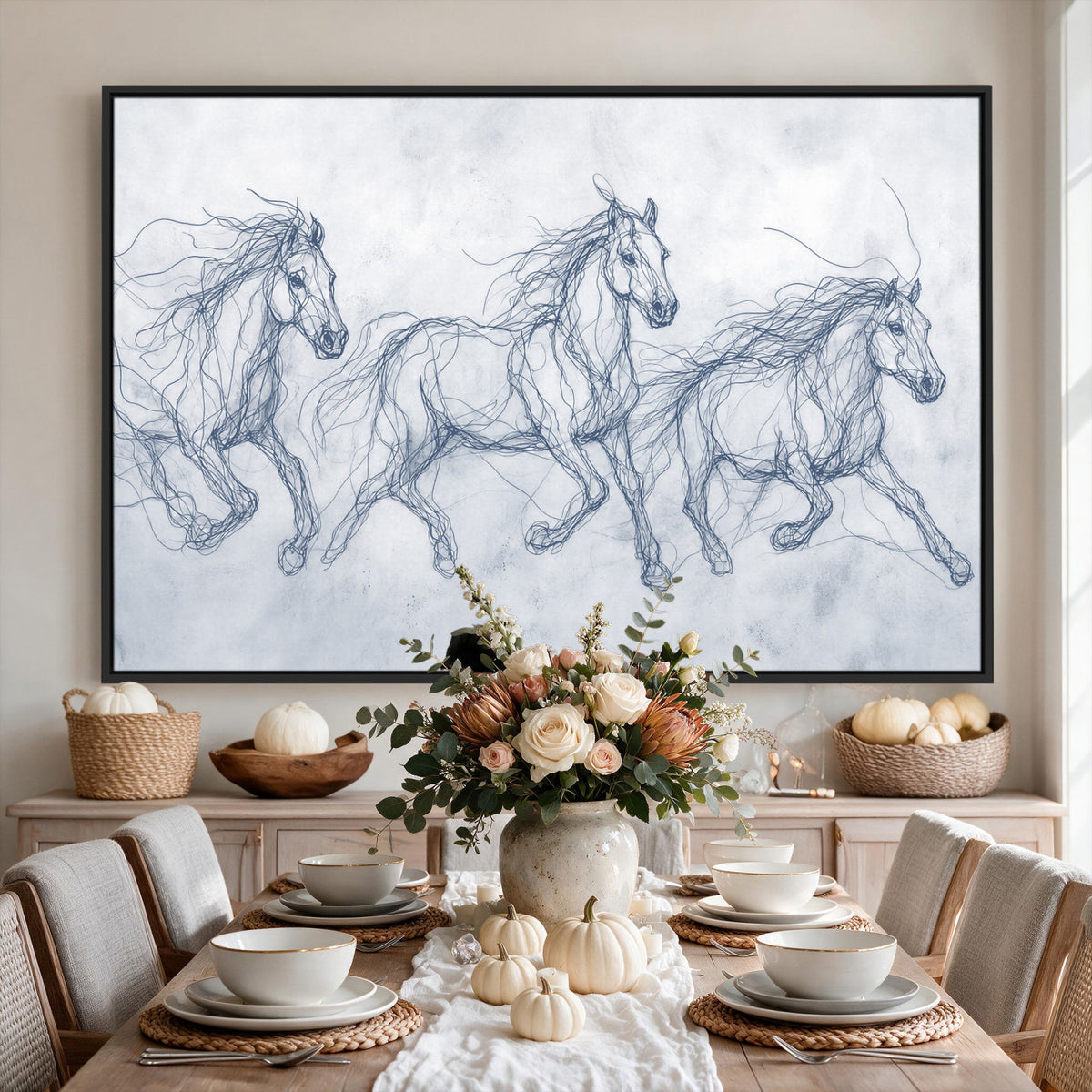 41163601-MGV-CV-36X24 - Indigo Blue Horse Line Art Canvas, Steel Grey Wild Horses Print, Abstract Navy Scribble Artwork, Modern Slate Equine Wall Decor, Coastal Ranch Gift
