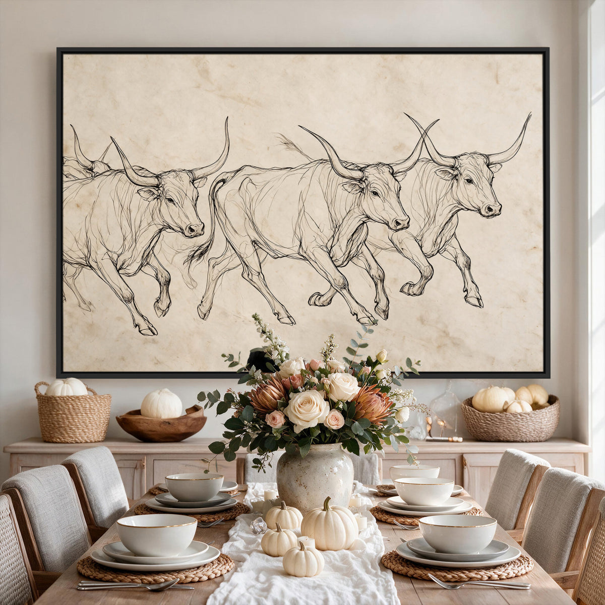 87177621-MGV-CV-36X24 - Minimalist Longhorn Line Art, Modern Texas Bull Canvas Print, Abstract Western Wall Decor, Continuous Line Artwork, Black White Ranch Gift