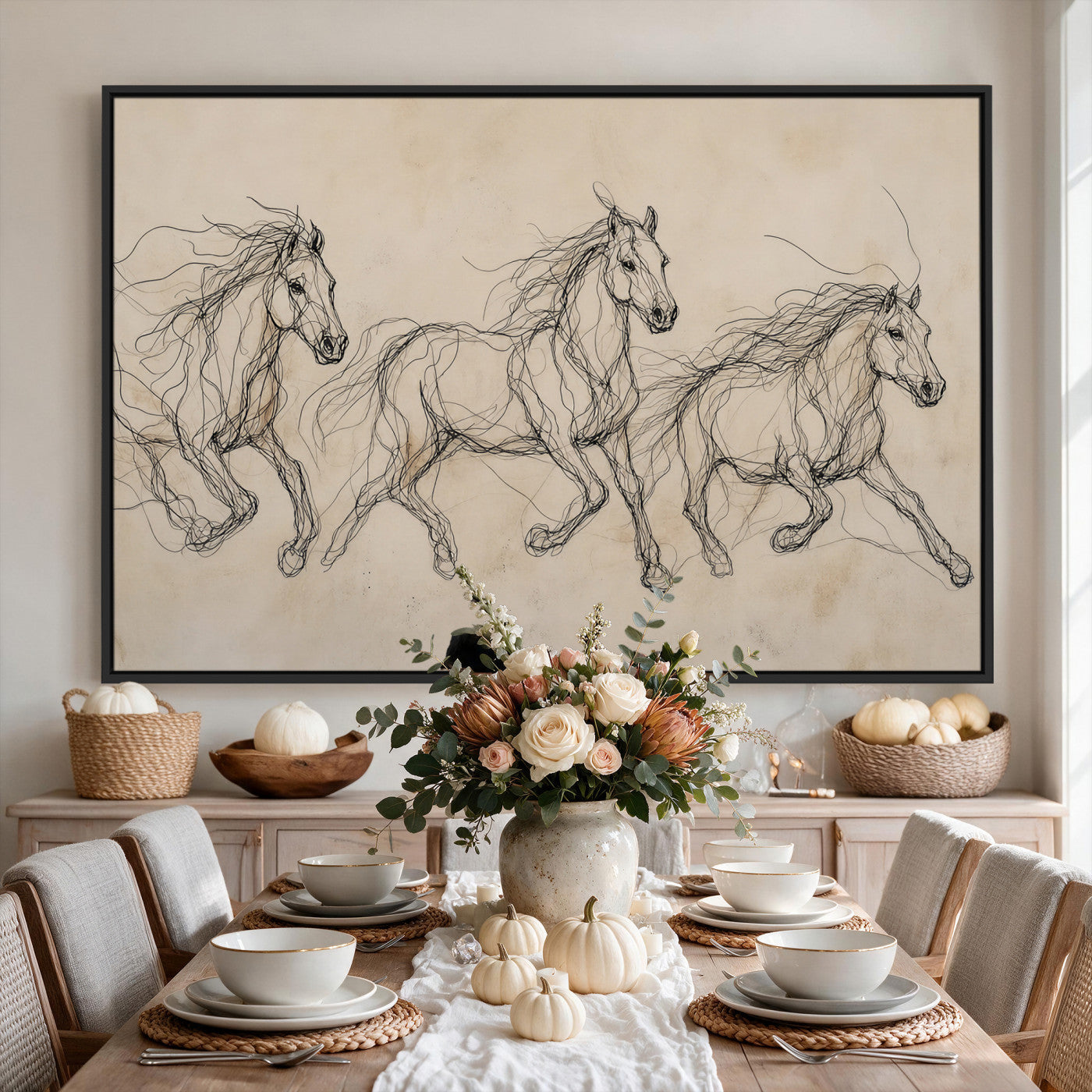 81051673-MGV-CV-36X24 - Abstract Horse Line Art Canvas, Gesture Sketch Wild Horses Print, Modern Scribble Artwork, Minimalist Equine Wall Decor, Rustic Studio Gift