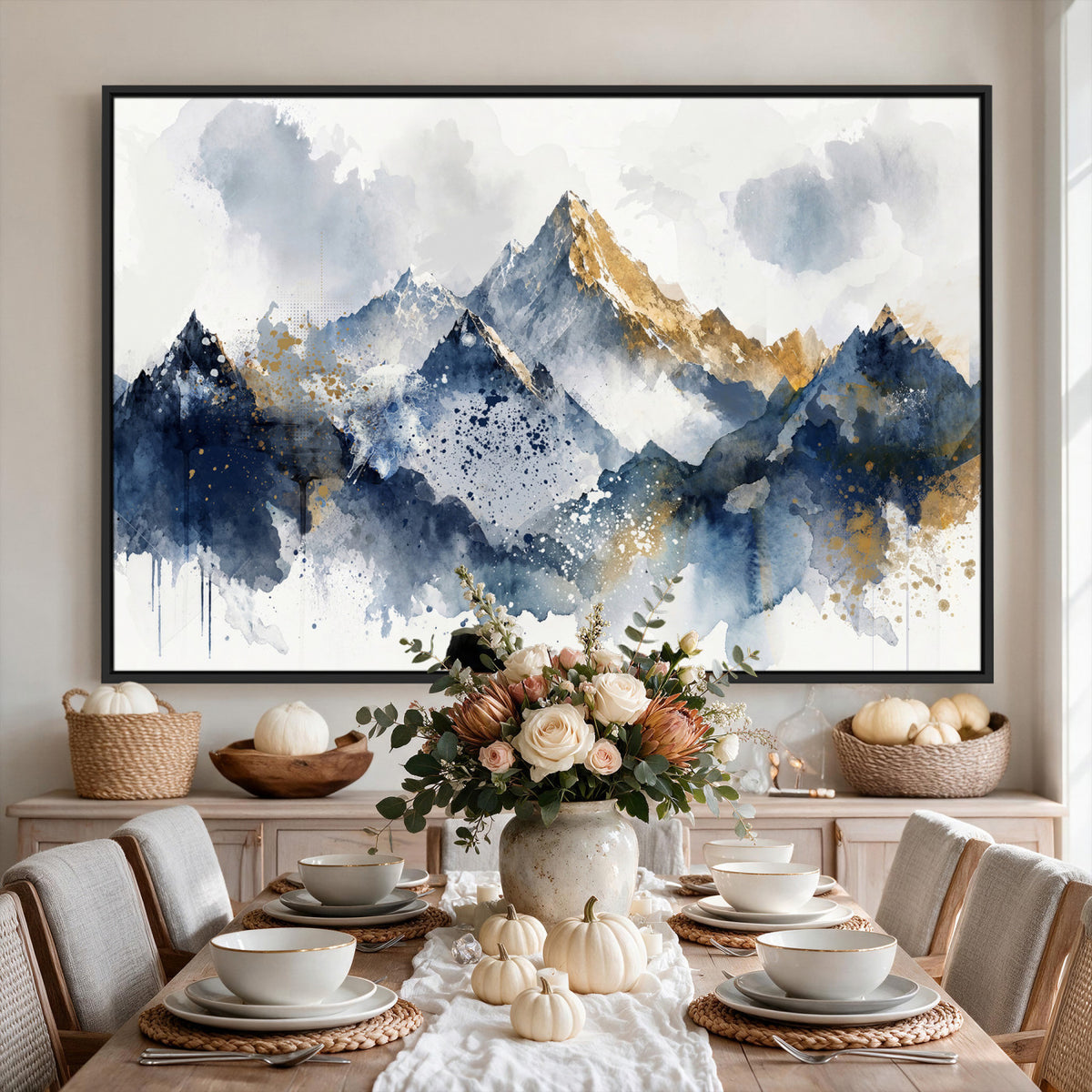 87460616-MGV-CV-36X24 - Abstract Mountain Canvas Wall Art, Blue Gold Foil Landscape Print, Modern Indigo Watercolor Poster, Large Abstract Nature, Luxury Office Gift