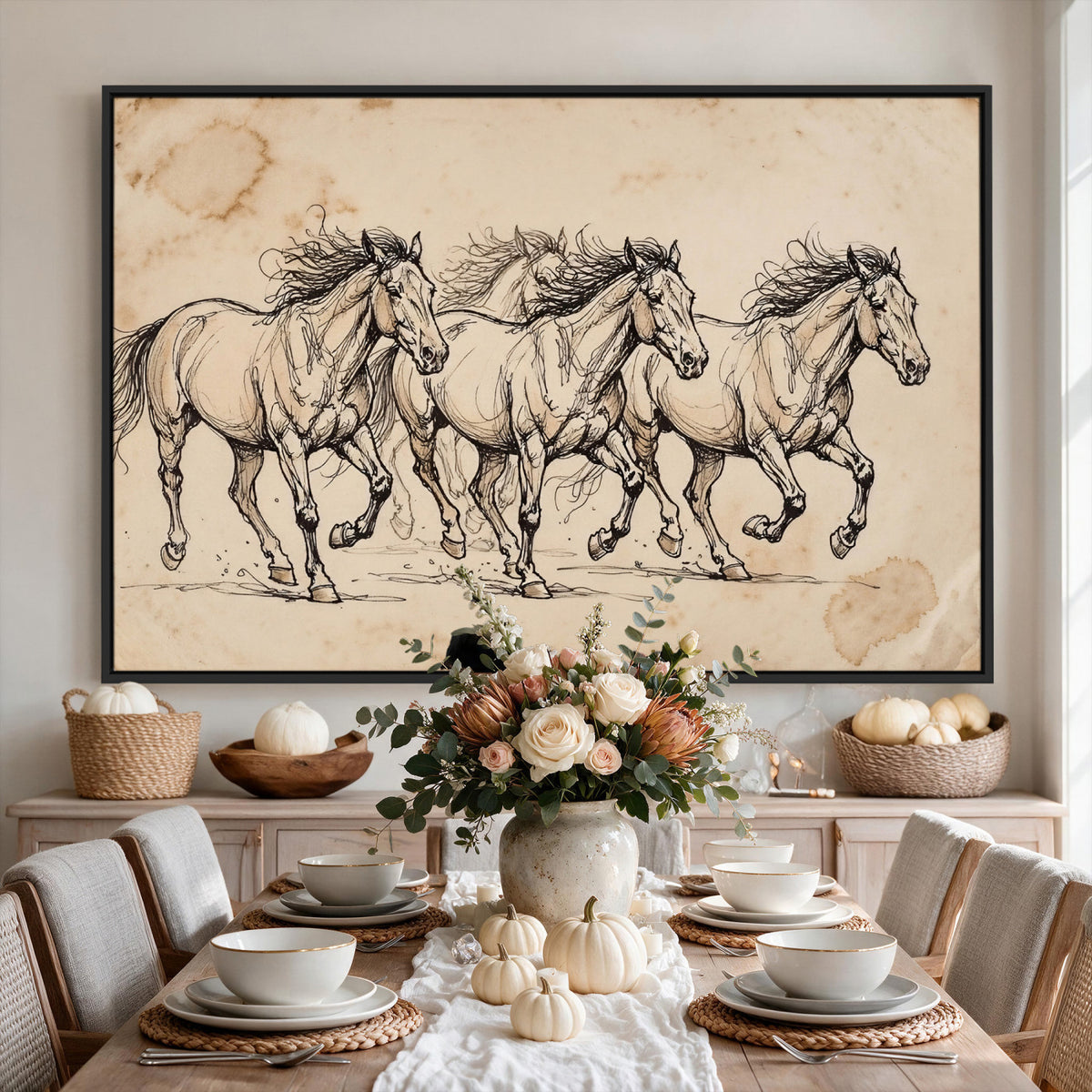 18242163-MGV-CV-36X24 - Vintage Horse Sketch Canvas Wall Art, Wild Horses Pencil Drawing Print, Antique Parchment Western Decor, Equine Sketching, Country Manor Gift
