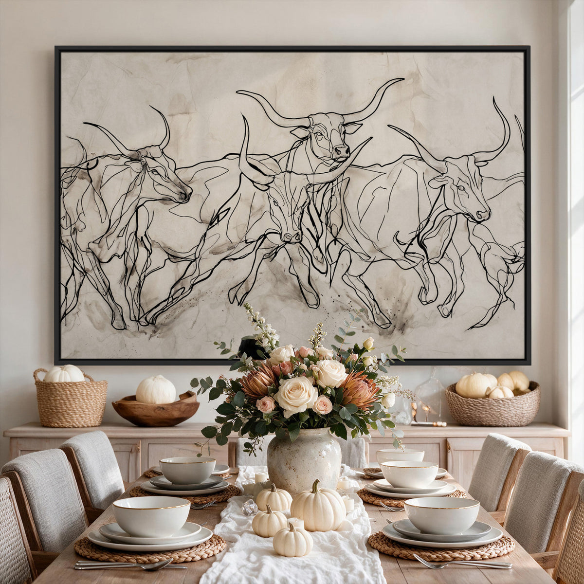 16671245-MGV-CV-36X24 - Minimalist Longhorn Line Art, Modern Texas Bull Canvas Print, Abstract Western Wall Decor, Continuous Line Artwork, Black White Ranch Gift